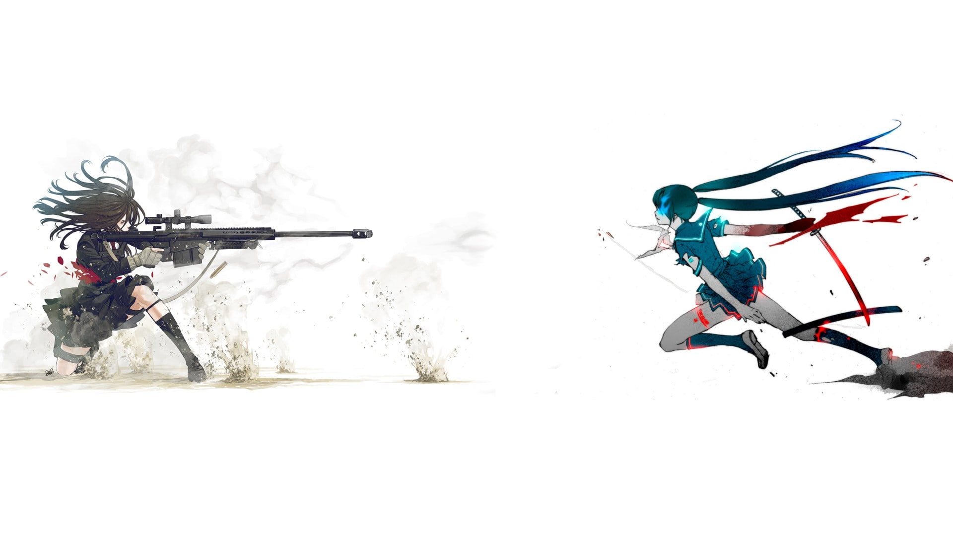 dark hair, white background, anime, women, Barrett .50 Cal, 1080P, anime girls, Barret, blood, school uniform, gun, simple background, katana, blue hair, HD Wallpaper