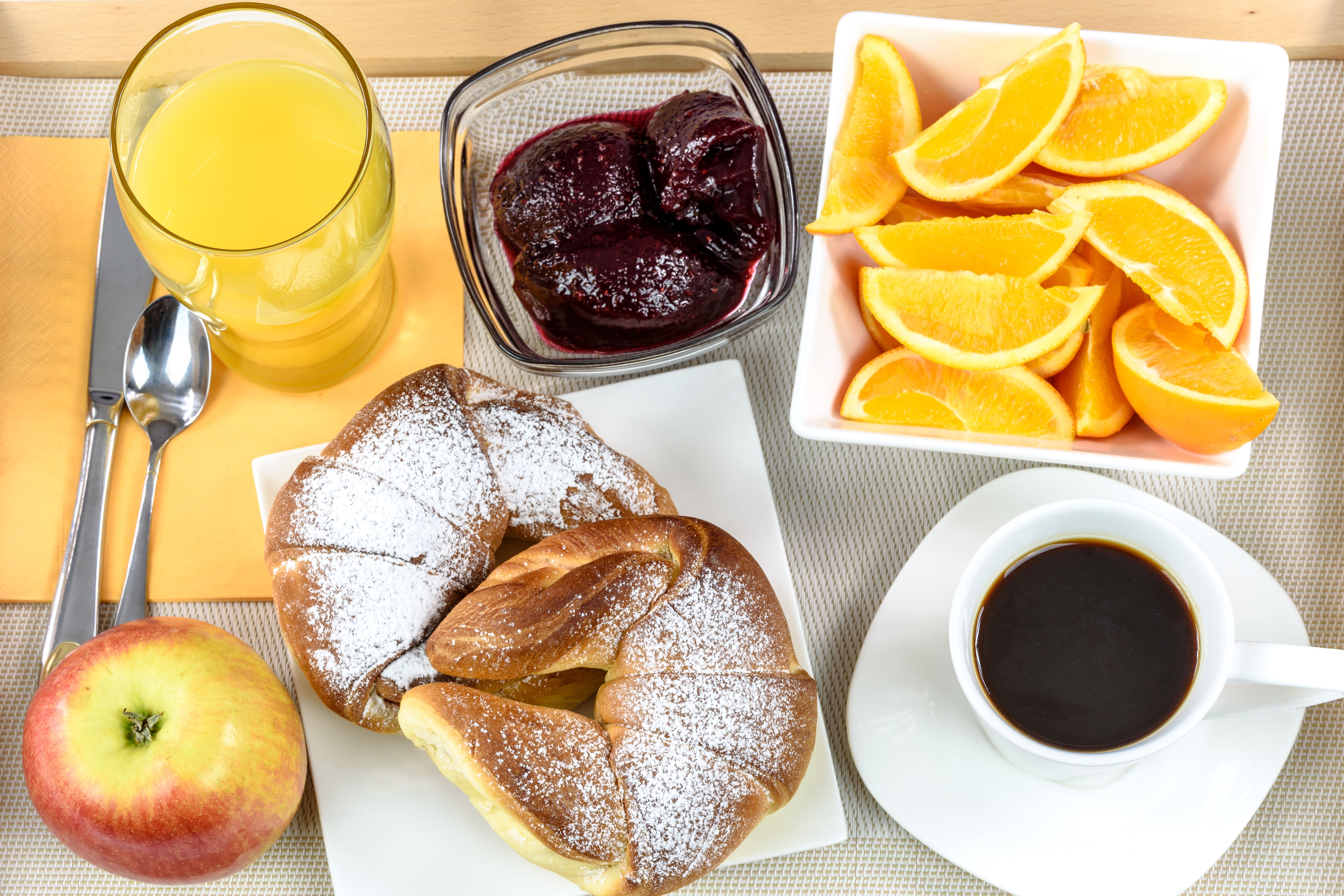 orange juice, coffee cup, holiday, morning, refreshment, apple, trip, coffee, drink, delegation, mug, croissants, ceramic, healthy eating, red, knife, healthy, HD Wallpaper