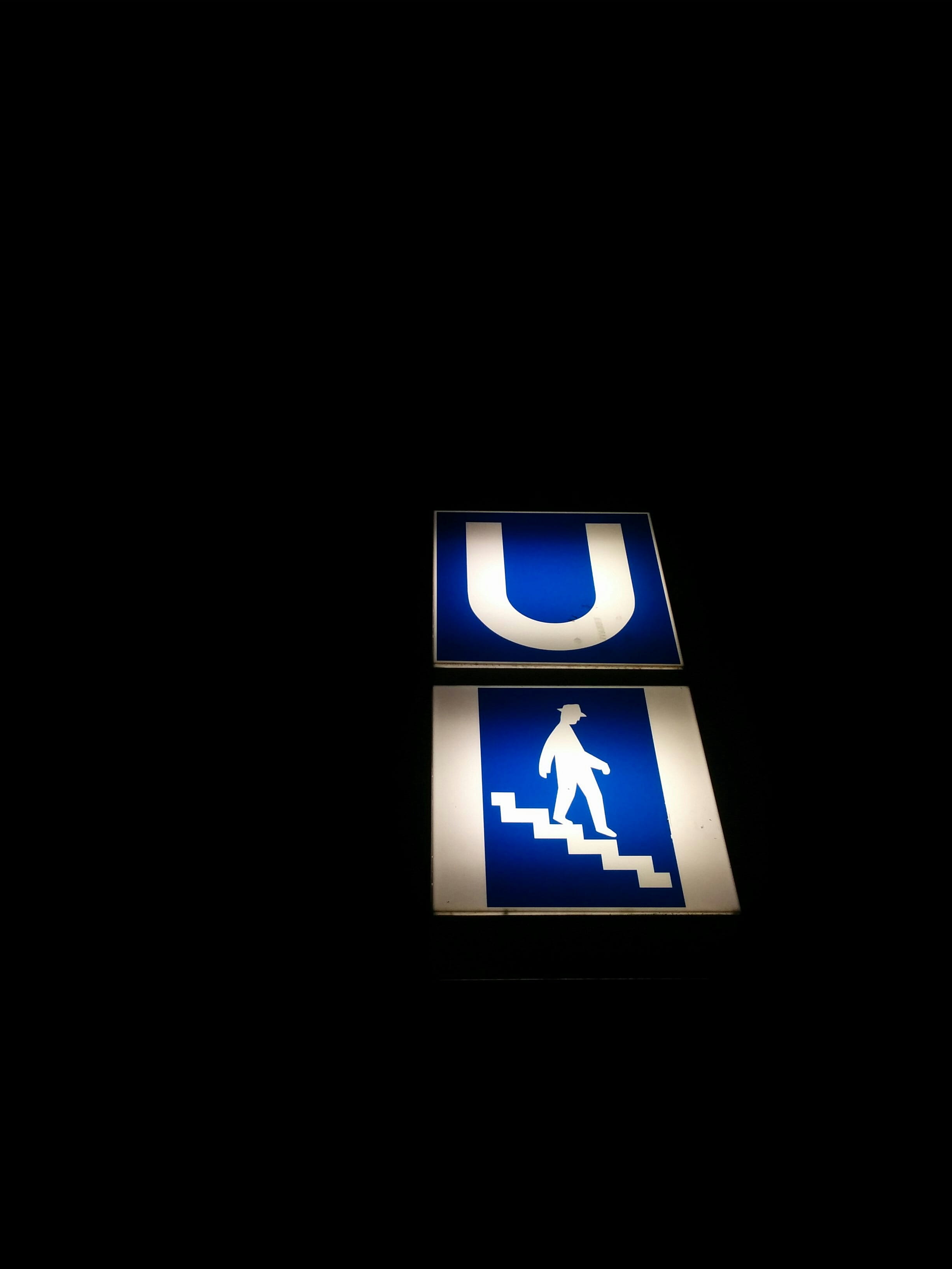 illuminated, communication, stairway, underground, darkroom, glowing, blue, night, text, neon sign, subway, dark, differing abilities, copy space, information, Phone HD Wallpaper