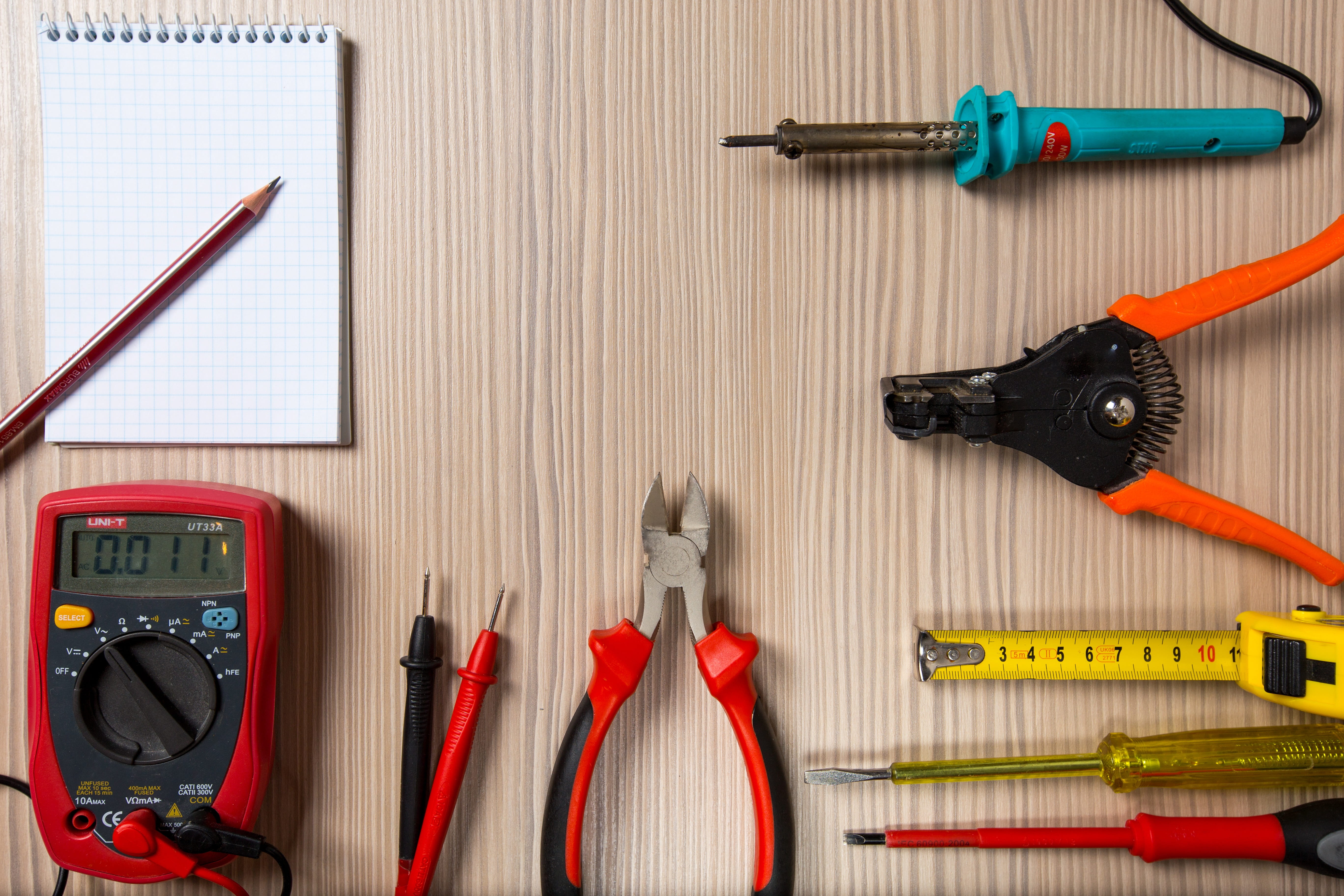 pencil, technology, pliers, notebook, multimeter, tool, red, work tool, cable, near, power supply, repair, industry, occupation, diy, tester, control, digital, HD Wallpaper