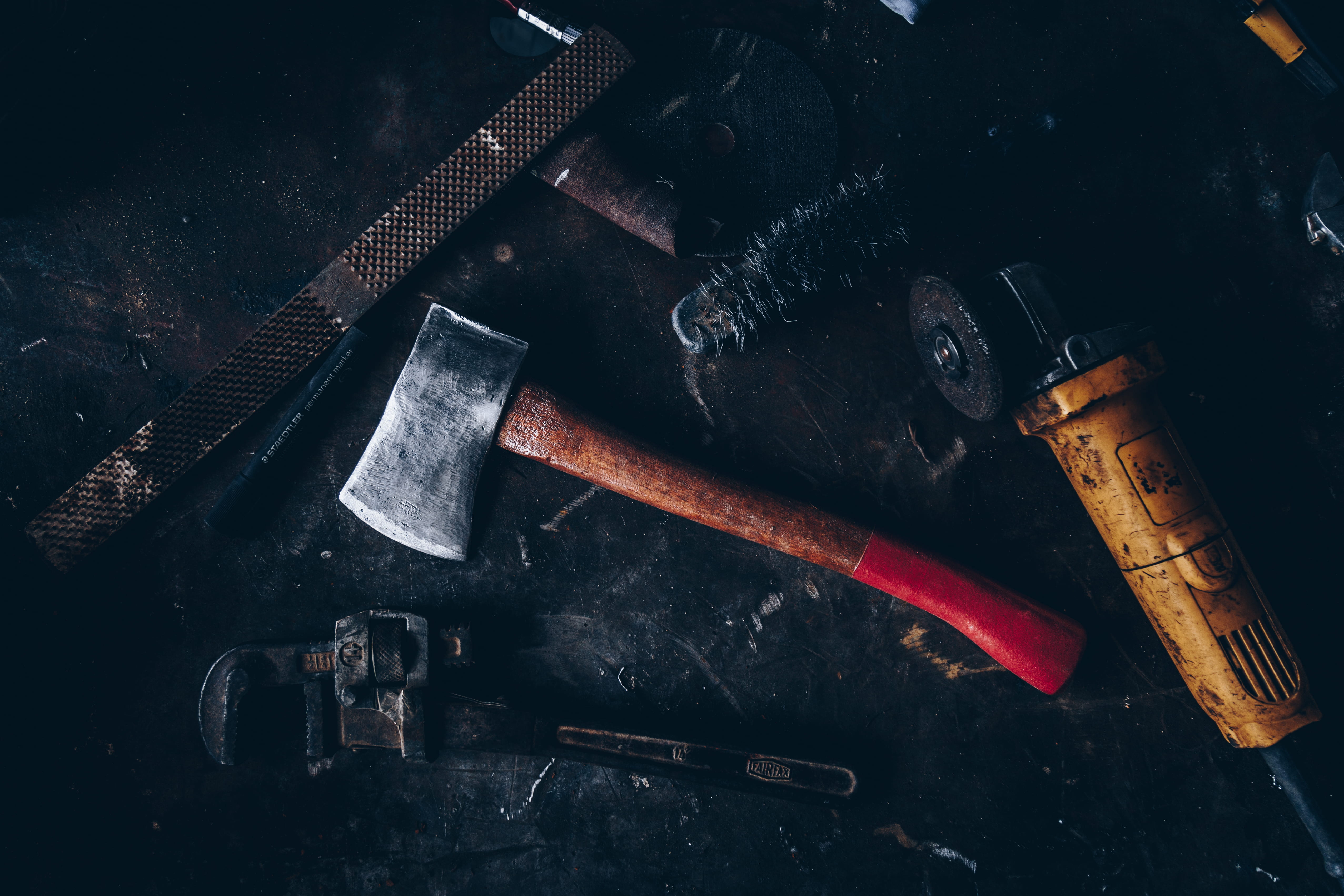 indoors, red, old, work tool, close-up, workshop, metal, hand tool, beside, tool, axe, screwdriver, upcycle, no people, sharp, restore, hammer, brown, high angle view, HD Wallpaper