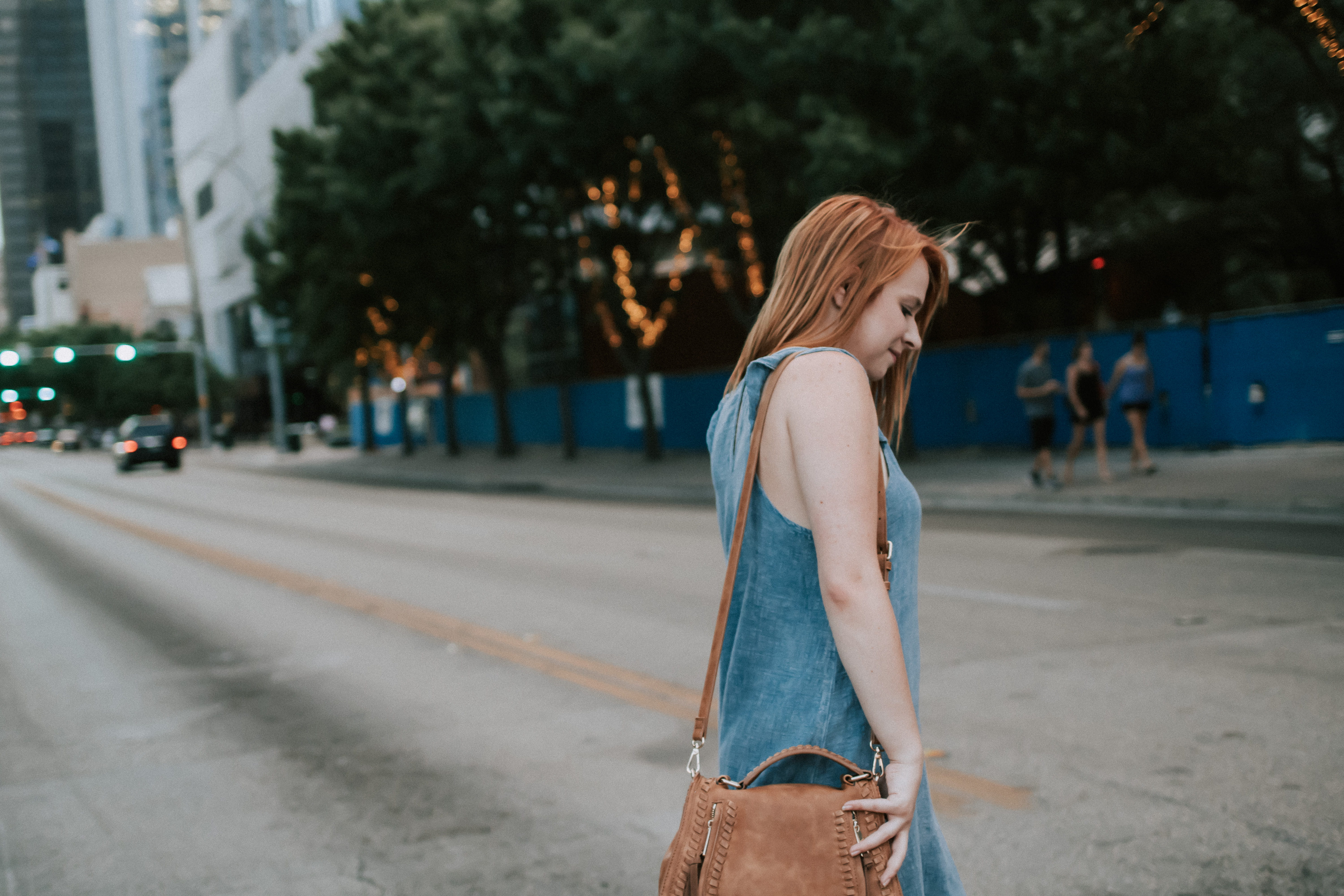 photo, beautiful woman, young women, leather, daytime, long hair, denim, dress, wearing, tree, outdoors, architecture, downtown, road, hairstyle, hair, HD Wallpaper