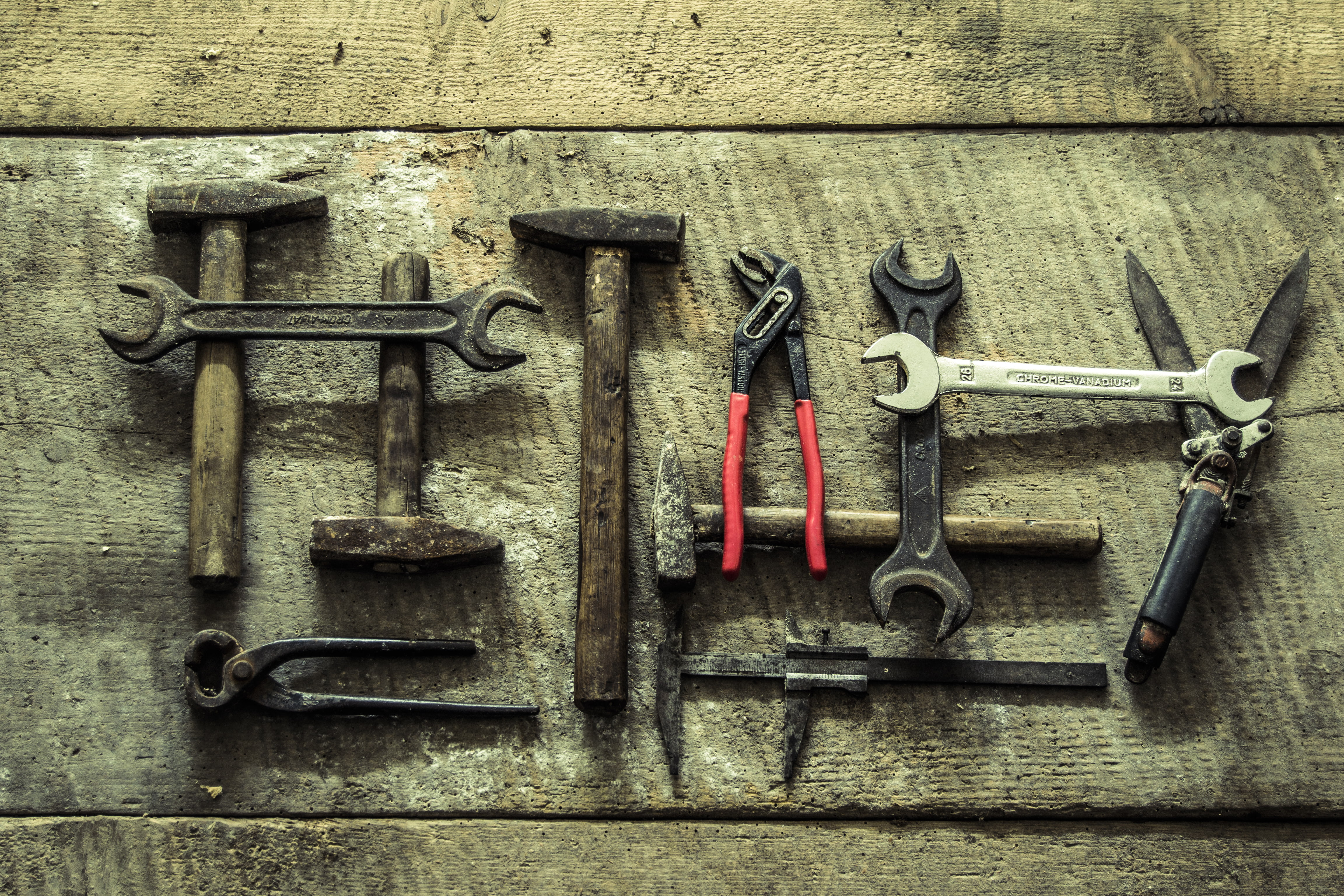 security, wall - building feature, equipment, metal, indoors, wrench, brown, no people, variation, tools, close-up, hanging, tool, hammer, vintage, choice, HD Wallpaper