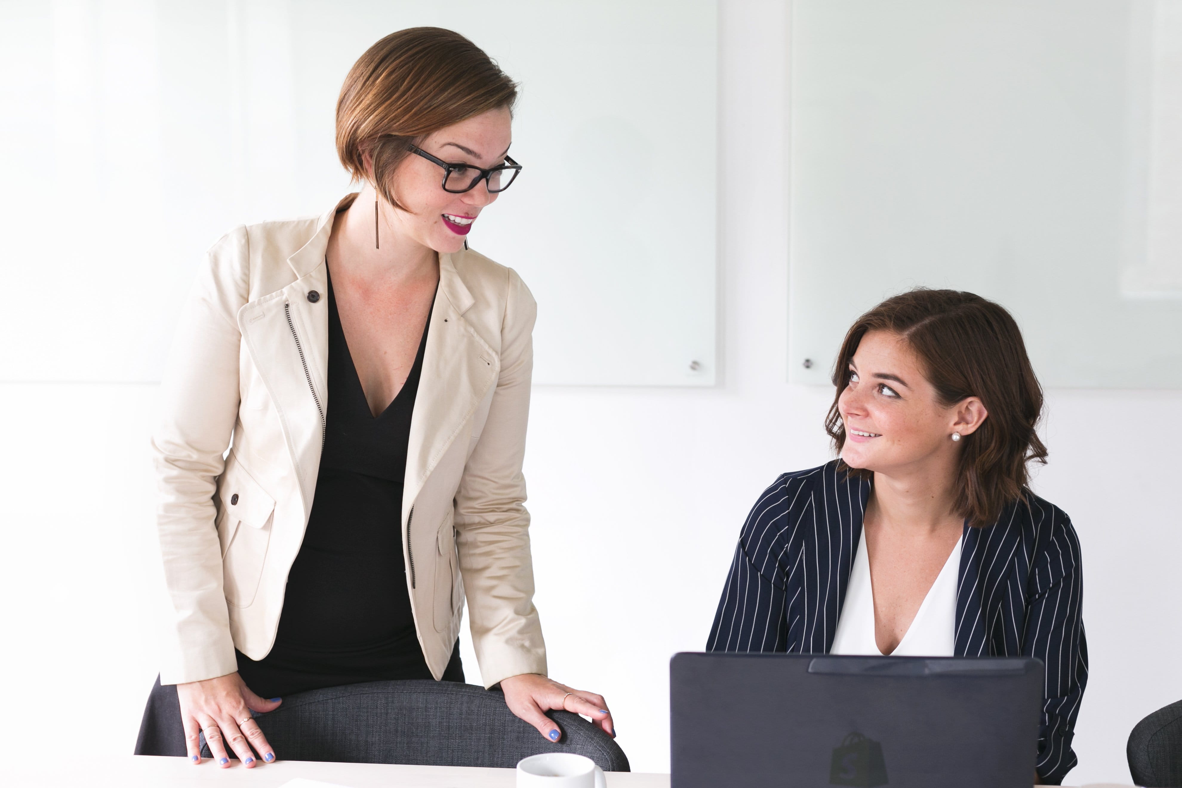 Office, Women, corporate business, photo, indoors, young women, eyeglasses, wireless technology, communication, 4K, two people, Keyboard, Laptop, adult, HD Wallpaper