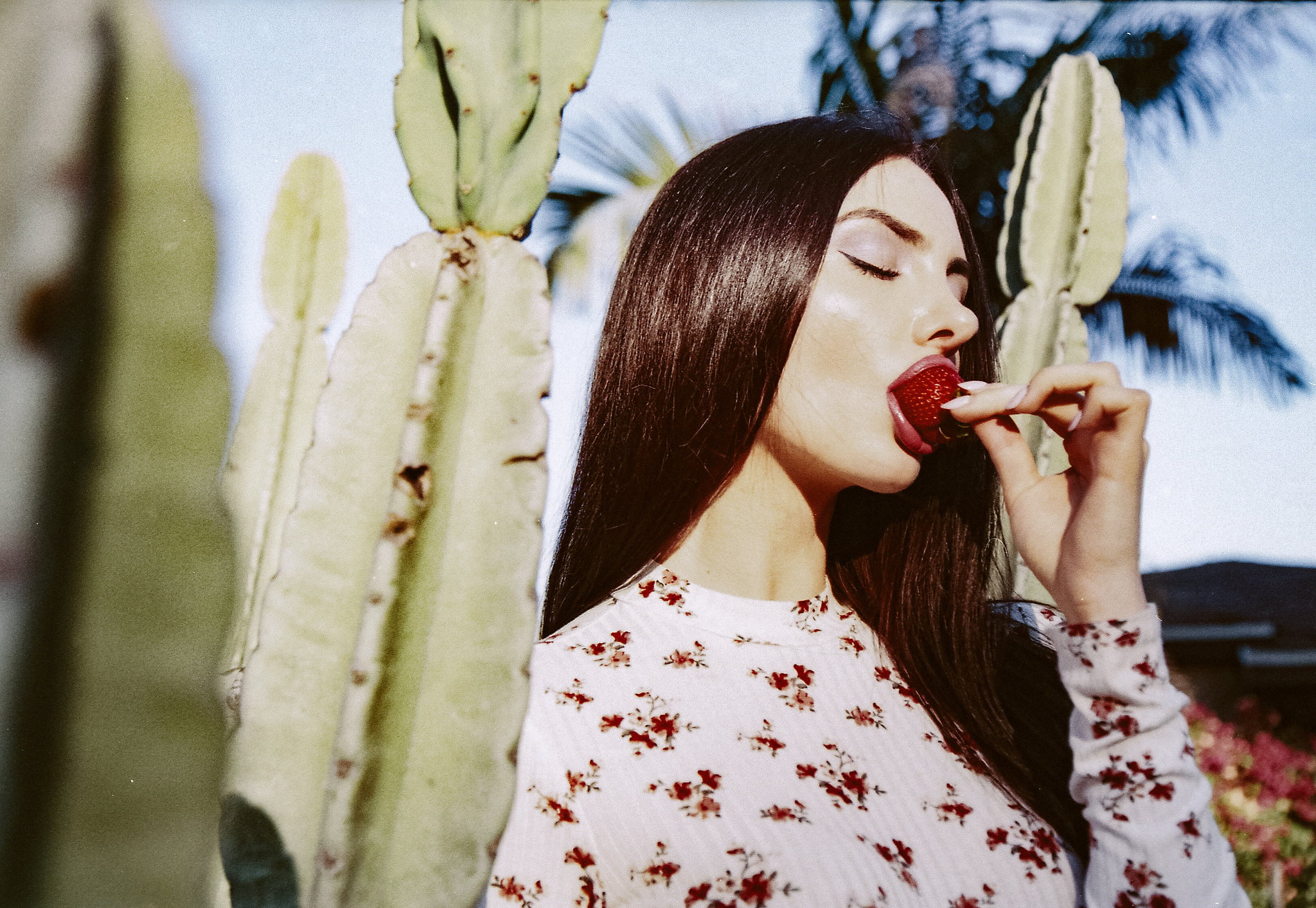 strawberries, red lipstick, young women, beautiful woman, women, real people, waist up, plant, portrait, adult, leisure activity, young adult, hairstyle, HD Wallpaper