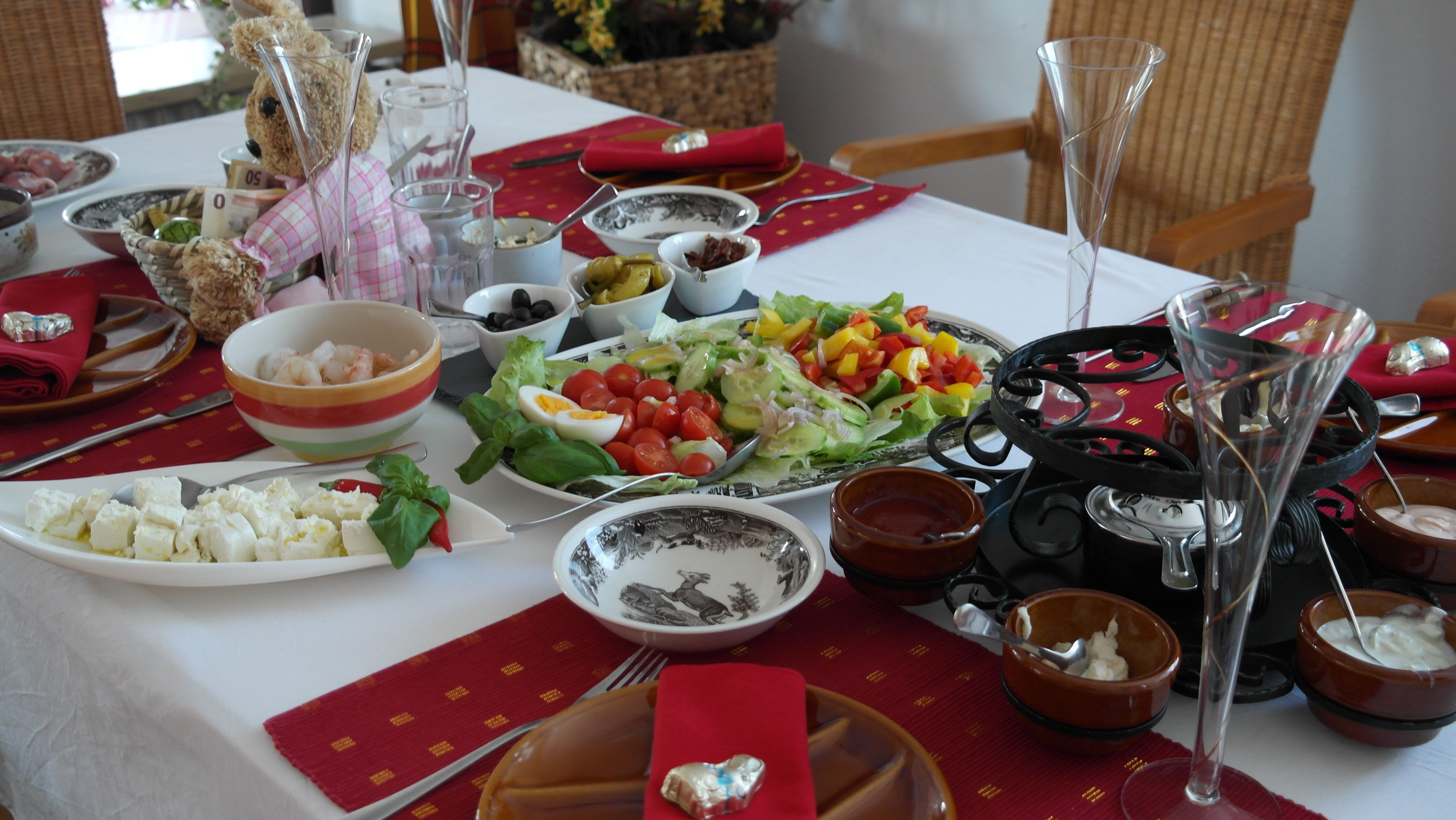 furniture, setting, salad, meal, celebration, table, tomato, decoration, dining, dinner, festival, fondue, plate, wellbeing, family, food and drink, no people, HD Wallpaper