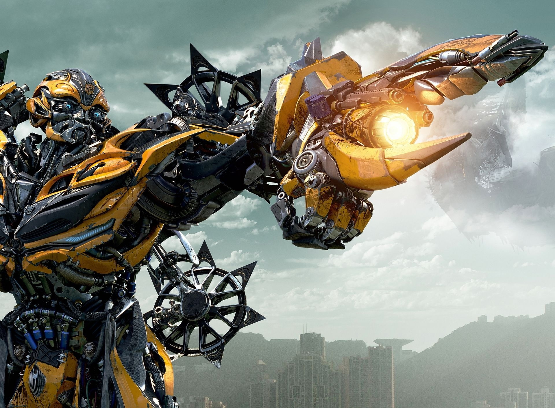 sun, Robot, Bumblebee, transformer, yellow, cloud - sky, low angle view, Movies, skyscraper, architecture, age of extinction, bumble, outdoors, extinction, HD Wallpaper
