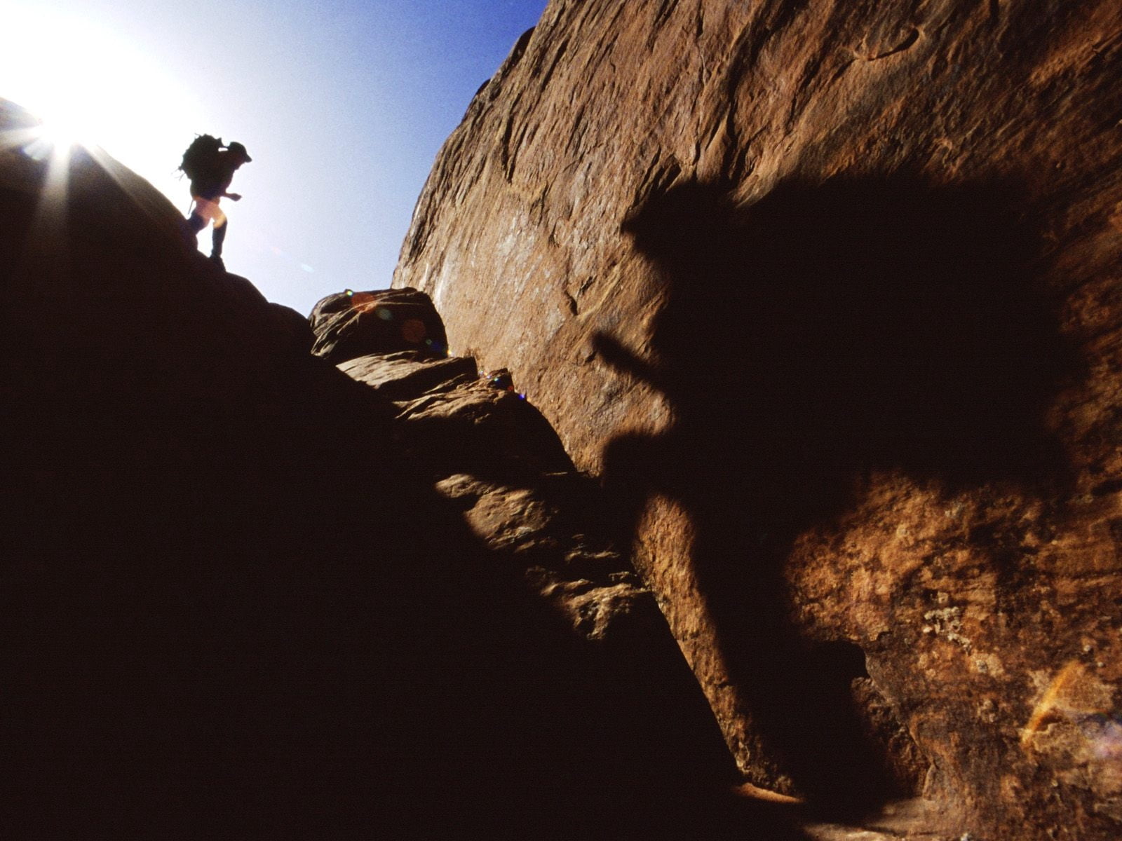 rock Climbing, moving Up, sunlight, canyon, persistence, sun, rock, sky, hiking, copy Space, adult, people, outdoors, risk, landscape, rock - Object, scenics, HD Wallpaper