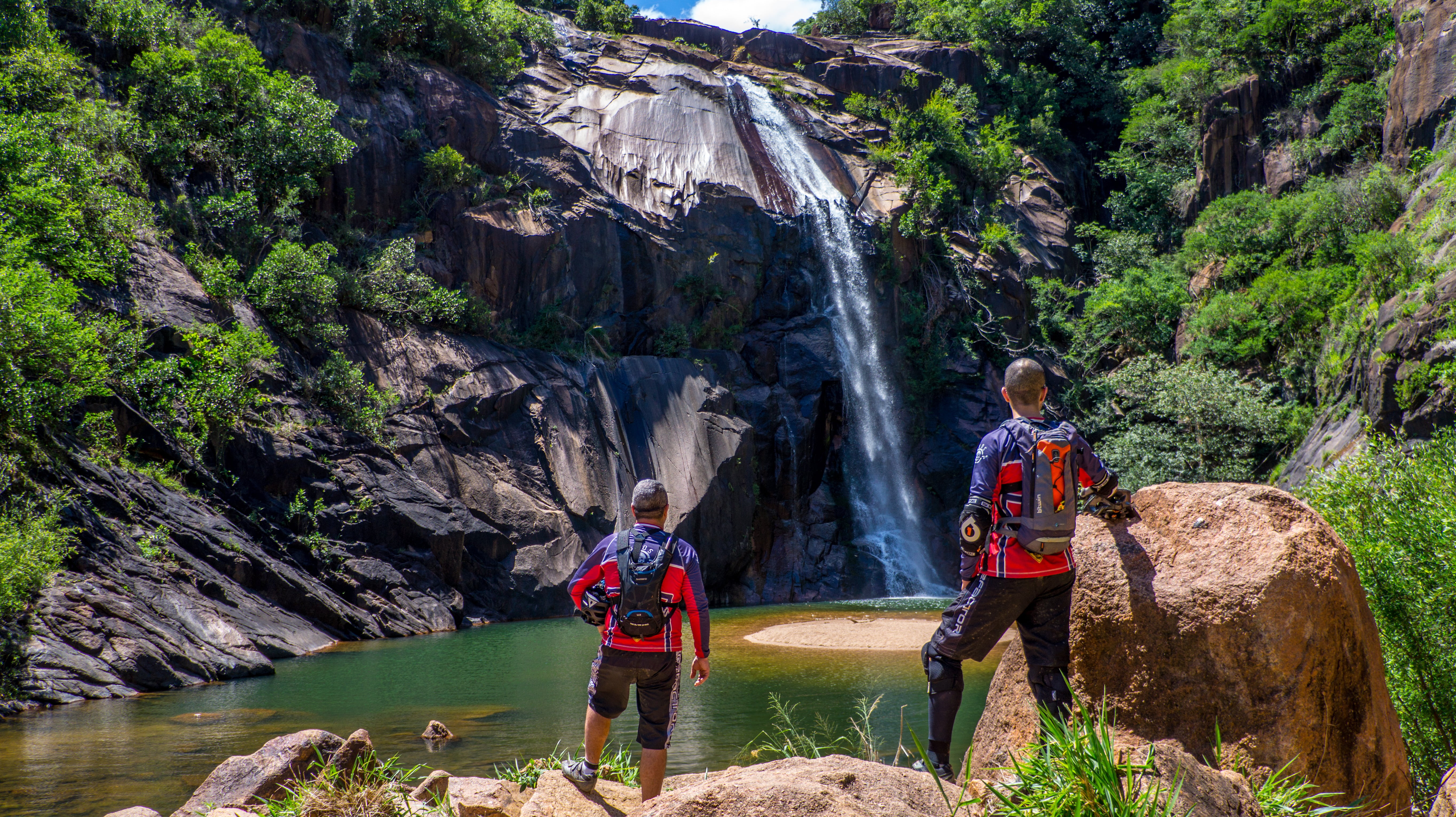 outdoors, stone, rock - Object, cataracts, brazil, hiking, adventure, dom, activity, men, rock formation, landscape, solid, cascade, waterfalls, lake, non-urban scene, HD Wallpaper