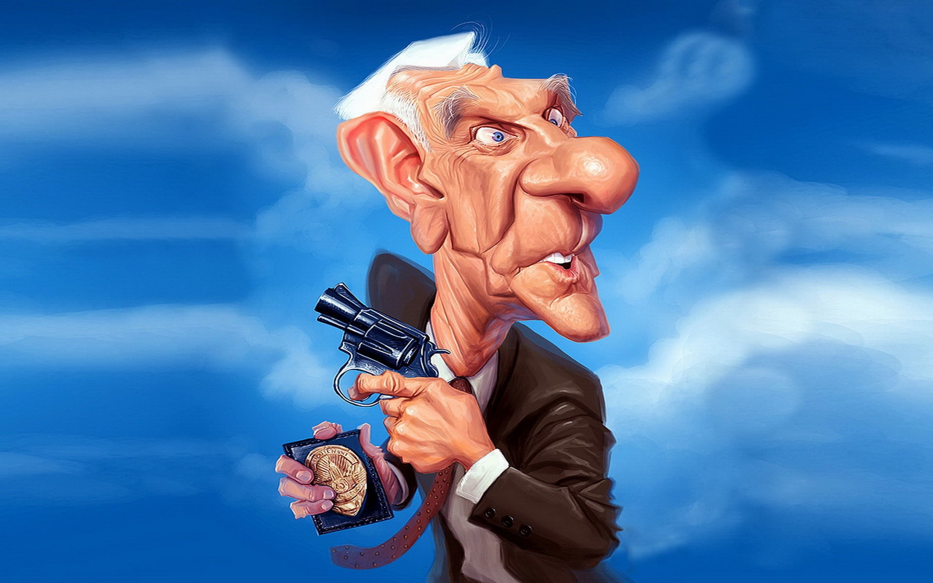 sign, gun, sky, government, nature, humor, caricature, Leslie Nielsen, copy space, bizarre, warning sign, blue, cloud - sky, aggression, shooting a weapon, HD Wallpaper