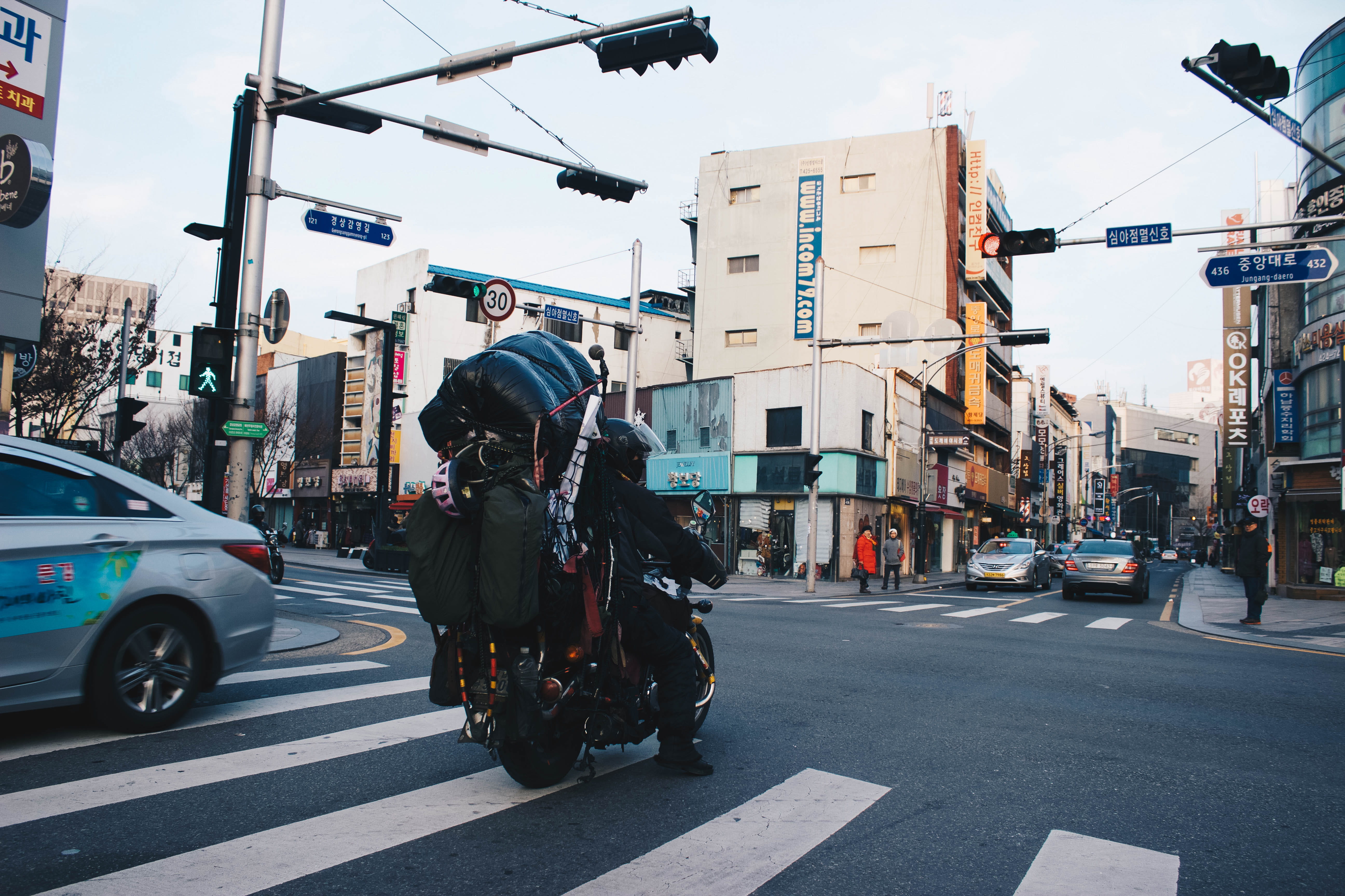 car, incidental people, south korea, real people, road, land vehicle, jung-gu, city, city life, architecture, built structure, motorbike, sky, nature, motor vehicle, HD Wallpaper