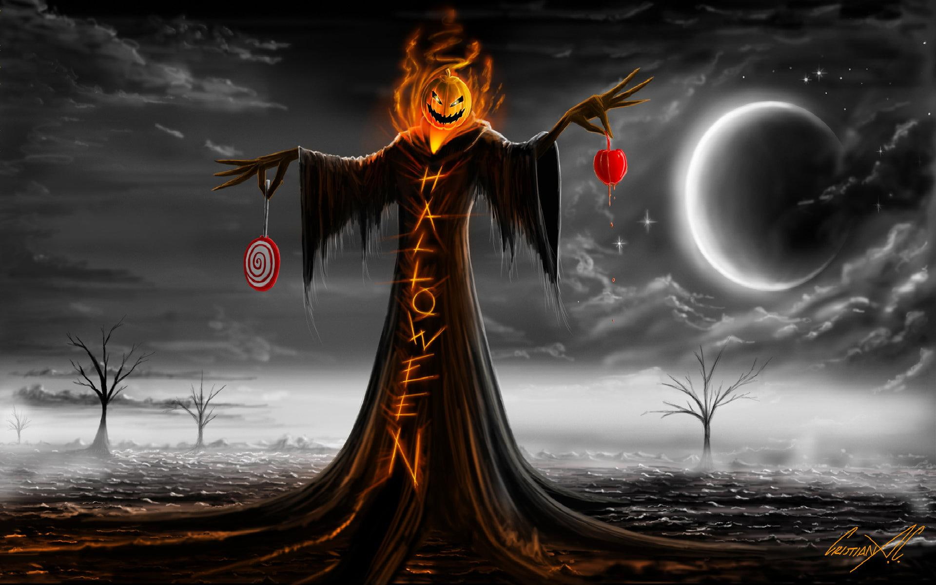 lollypop, full moon, 1080P, tree, fruits, cristianac, lollipop, trees, orange, candy apple, halloween, fire, pumpkin, sweet, provider, clouds, HD Wallpaper