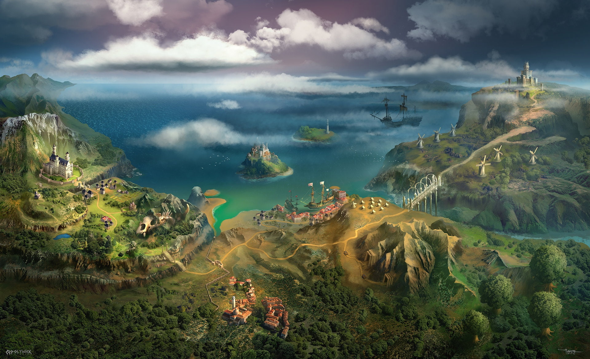 mountains, Bay, ship, Providence World Map, 1080P, HD Wallpaper
