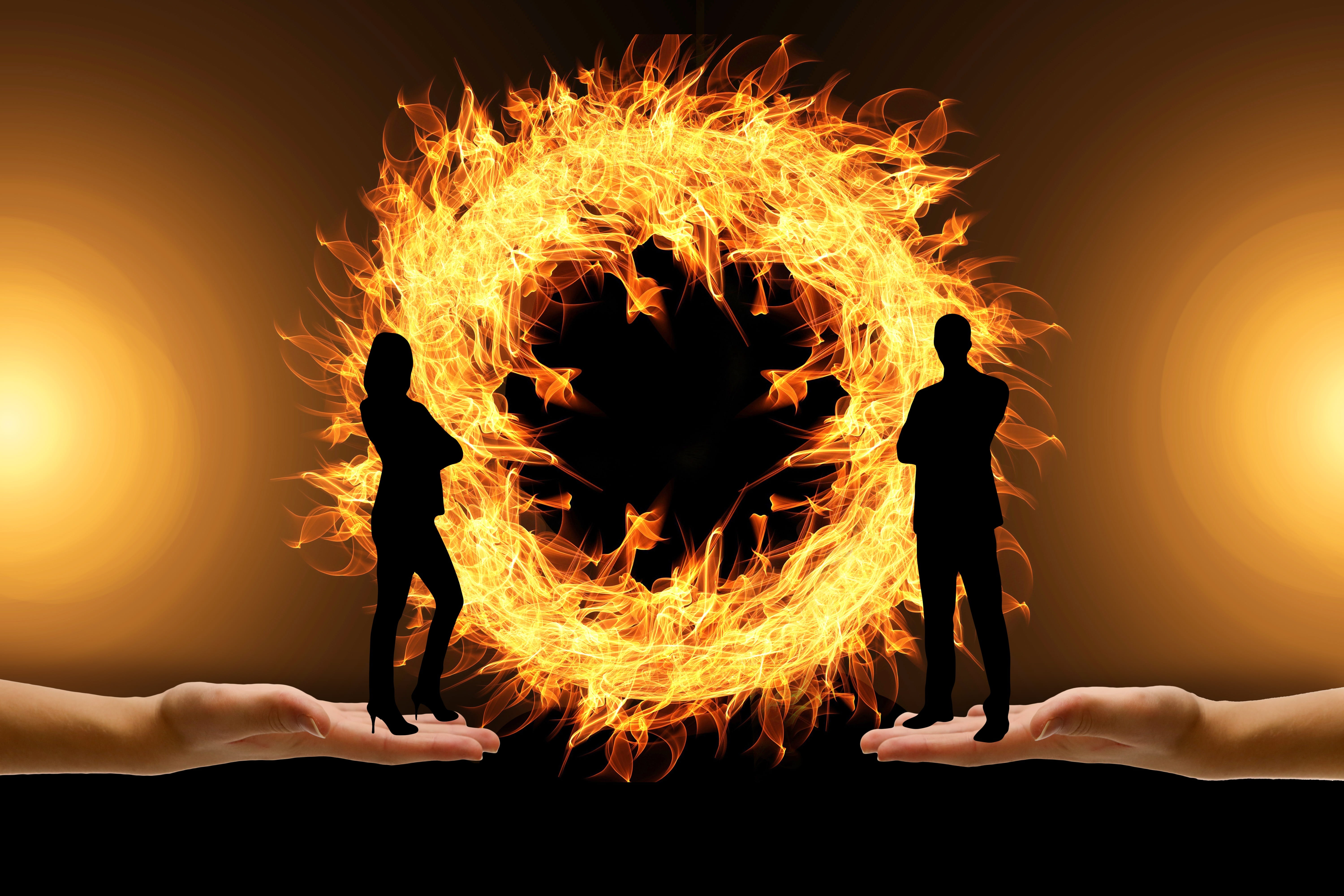 pair, feud, man, conflict, adult, 5K, silhouettes, relationship, argue, group of people, fire, difference, scream, flame, warning sign, fire - natural phenomenon, HD Wallpaper