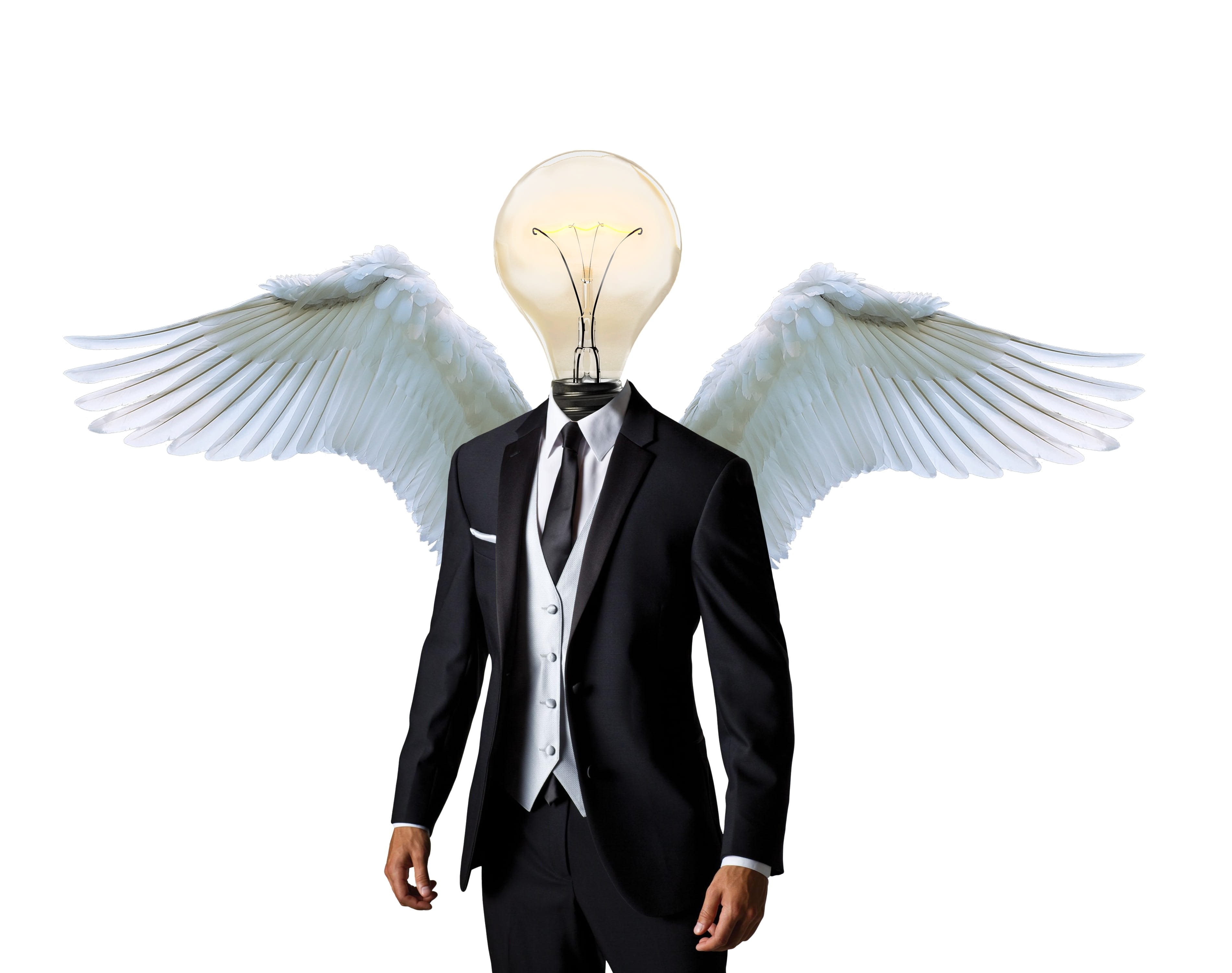 angel, bulb, standing, digital composite, risk, full suit, three quarter length, human representation, finance, corporate, ideas, one person, males, business angel, HD Wallpaper