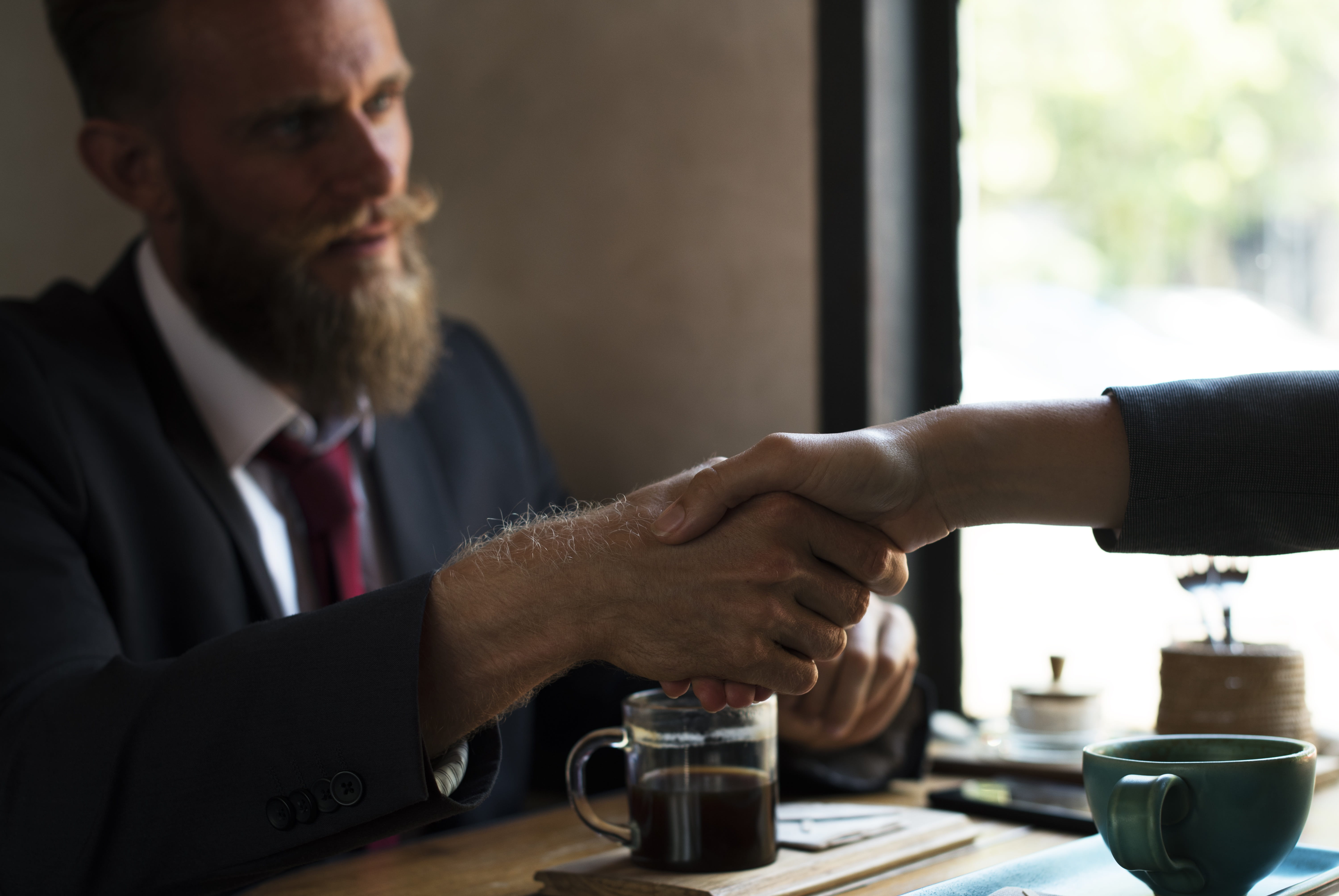 mug, cup, seated, facial hair, shaking, hand, indoors, togetherness, barista, blazer, front, business people, deal, drink, restaurant, talking, one man only, HD Wallpaper