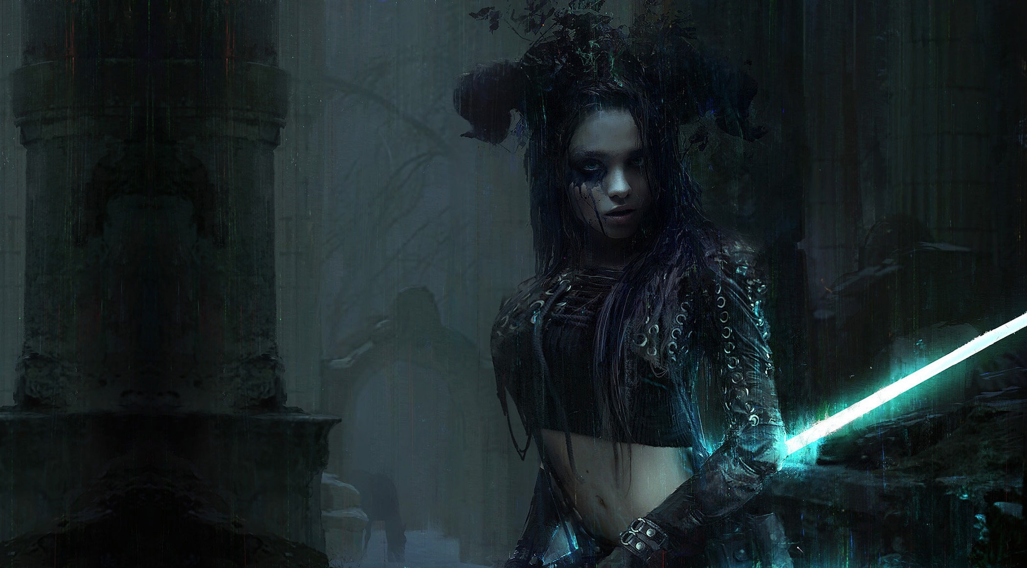 rain, night, fantasy, warrior, girl, Mark Kolobaev, weapons, sword, art, 1080P, Sense, HD Wallpaper