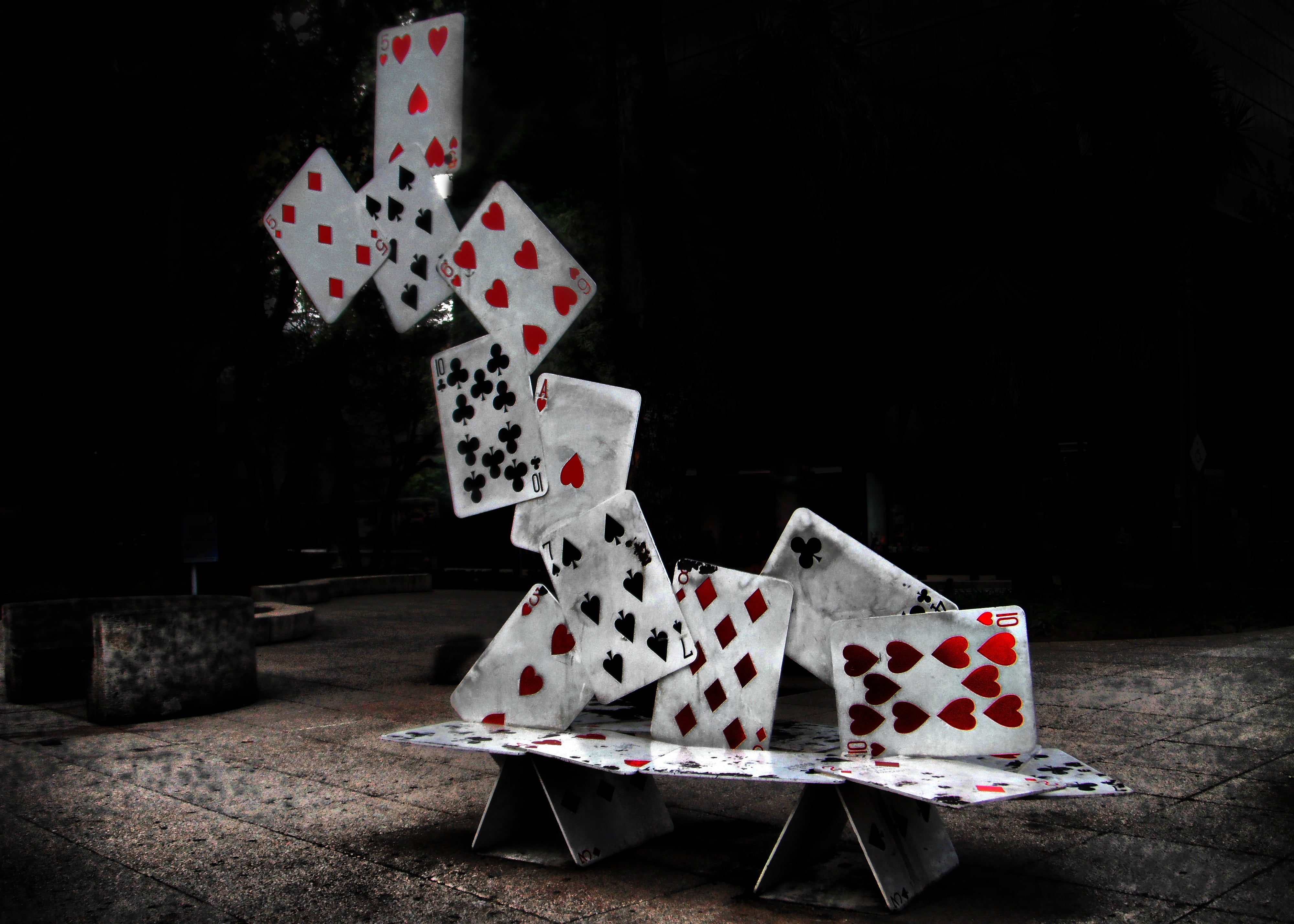 tournament, red, cards, table, opportunity, shape, black background, leisure games, indoors, relaxation, large group of objects, arts culture and entertainment, HD Wallpaper