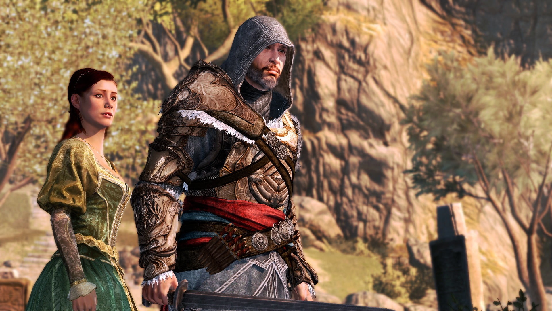 assassin, emotion, two people, 1080P, traditional clothing, Ezio Auditore da Firenze, young adult, lifestyles, nature, plant, young women, men, sunlight, HD Wallpaper