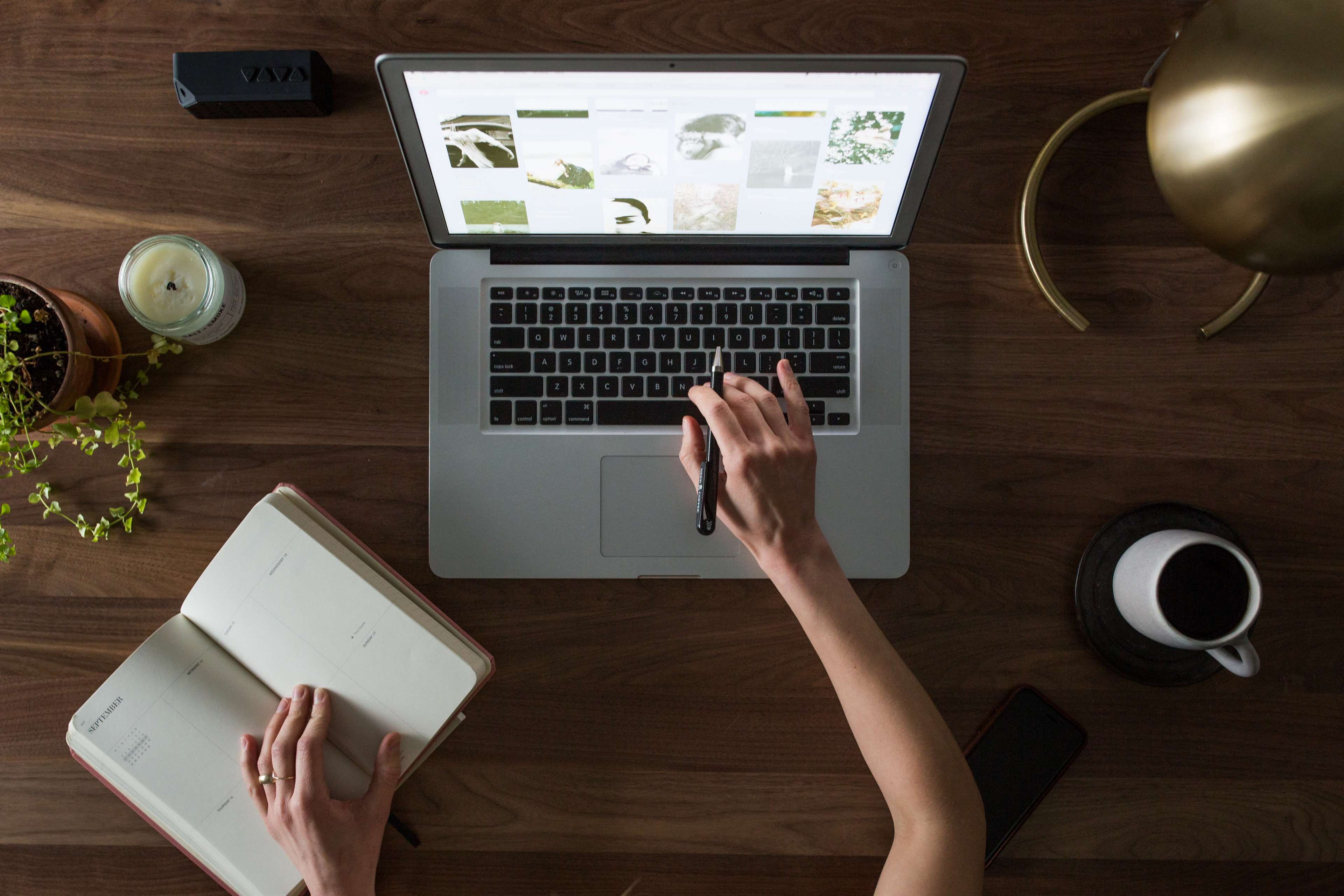 indoors, laptop, communication, one person, hand, notebook, furniture, table, wood - material, 4K, connection, technology, drink, crockery, mug, high angle view, HD Wallpaper