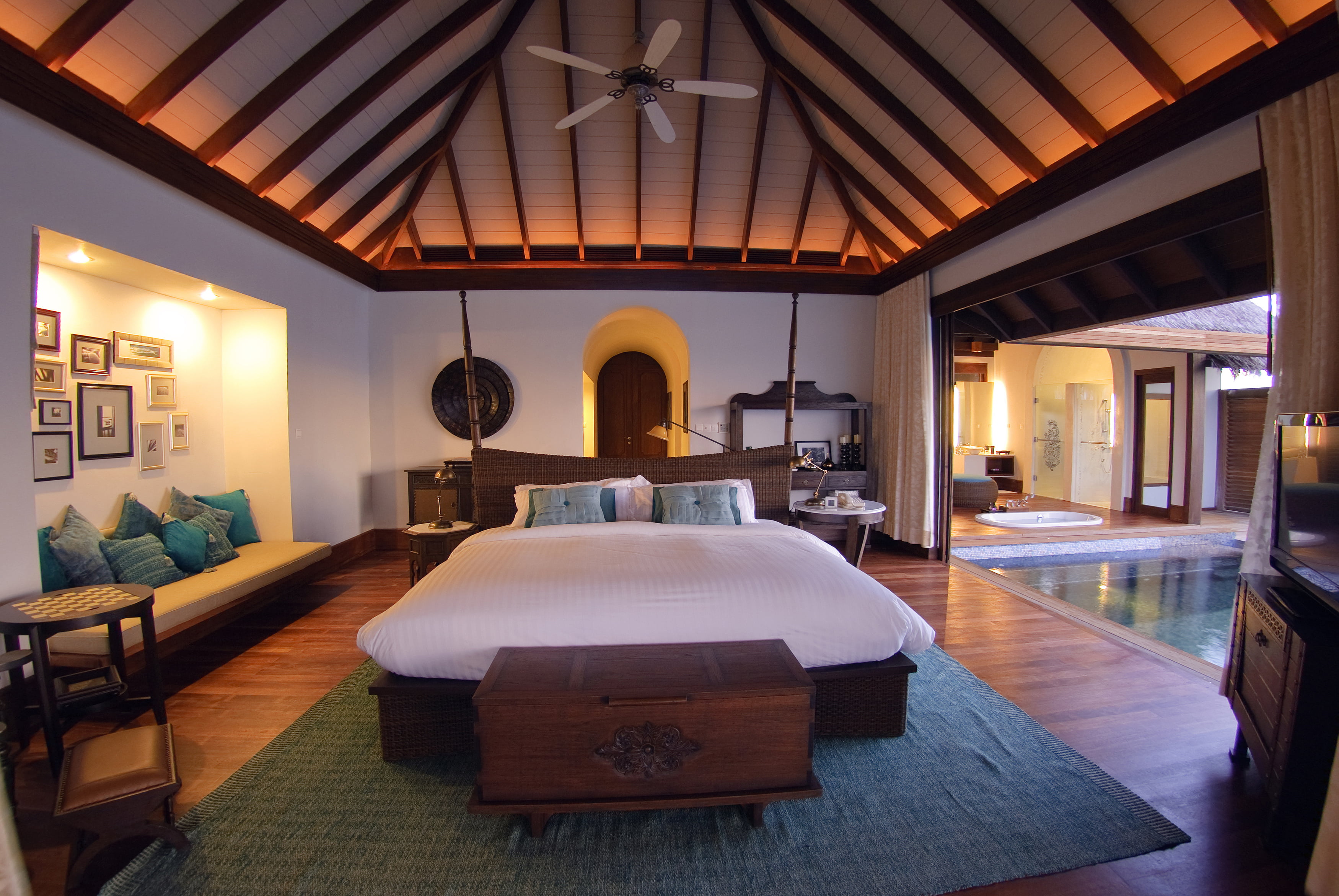 home, bedroom, hotel, villa, home interior, furniture, built structure, pool., lighting equipment, clarification, bed, domestic room, interior, 2K, wood - material, HD Wallpaper