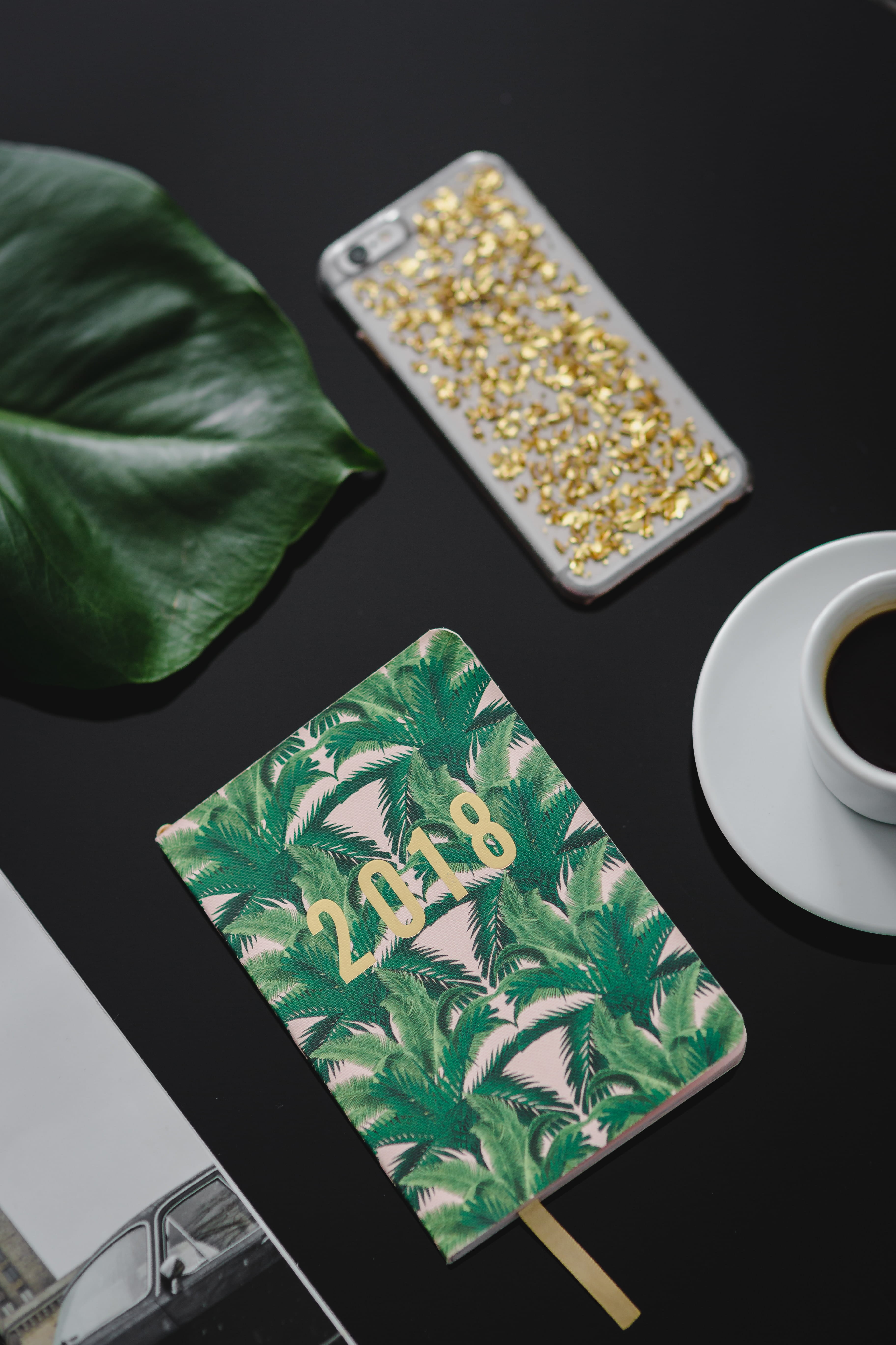 indoors, food, plant part, coffee, freshness, tea cup, no people, crockery, top, tray, agenda, black, refreshment, food and drink, green color, high angle view, Phone HD Wallpaper
