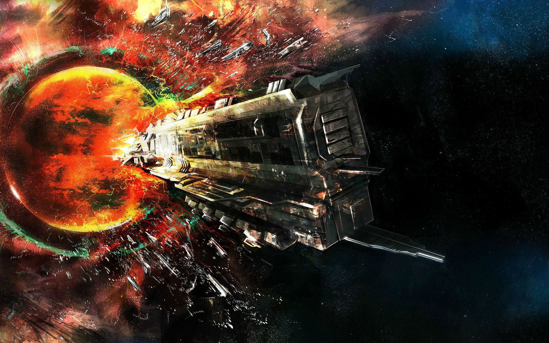 spaceship, indoors, destruction, Futuristic, rpg, reflection, digital composite, board, nature, architecture, 40k, abstract, technology, damaged, illuminated, HD Wallpaper