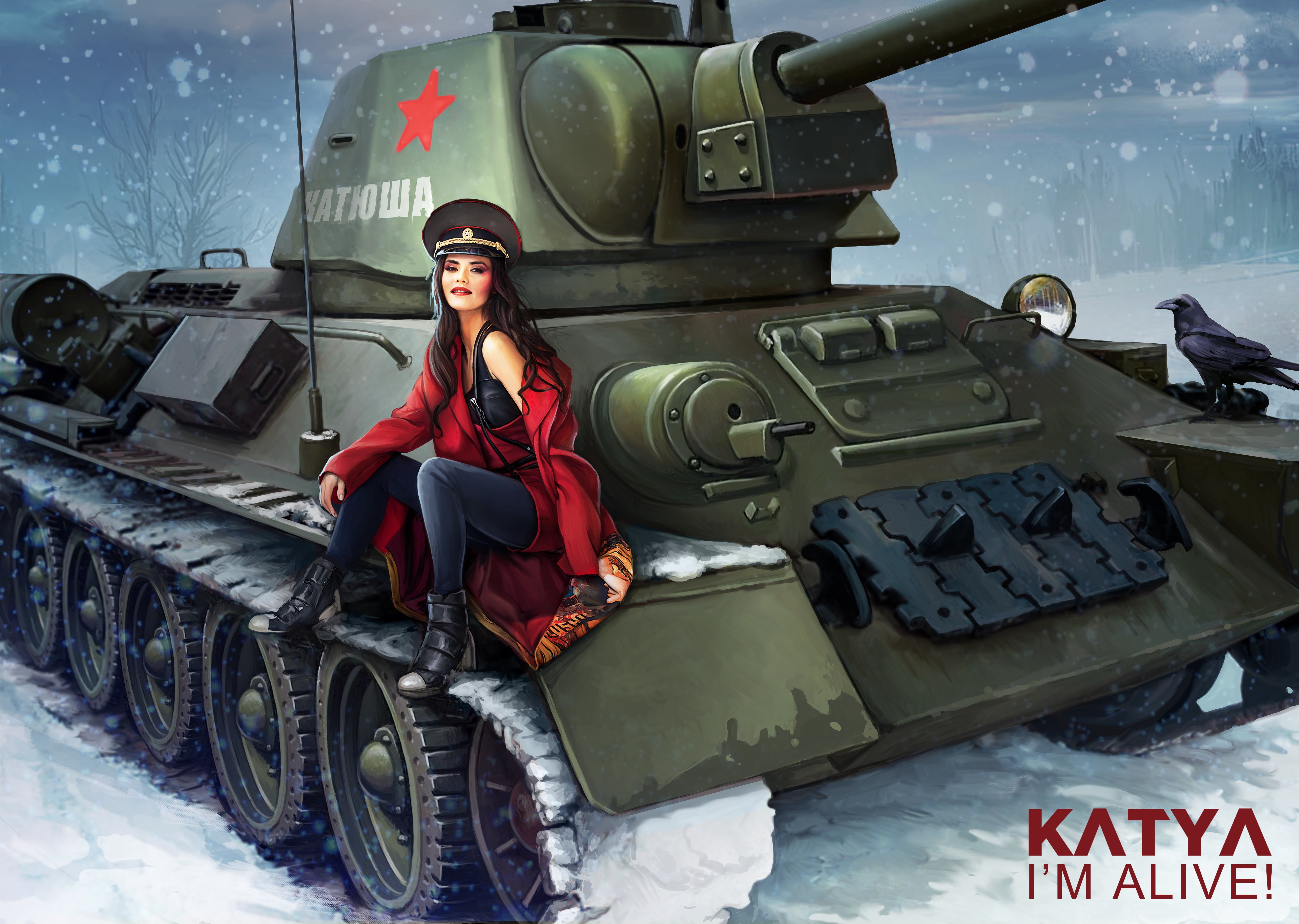 katya, gun, conflict, girl, battlefield, figure, cap, uS Military, snow, tank, world War II, USSR, clothing, T-34-76, people, snowflakes, crow, beautiful woman, HD Wallpaper