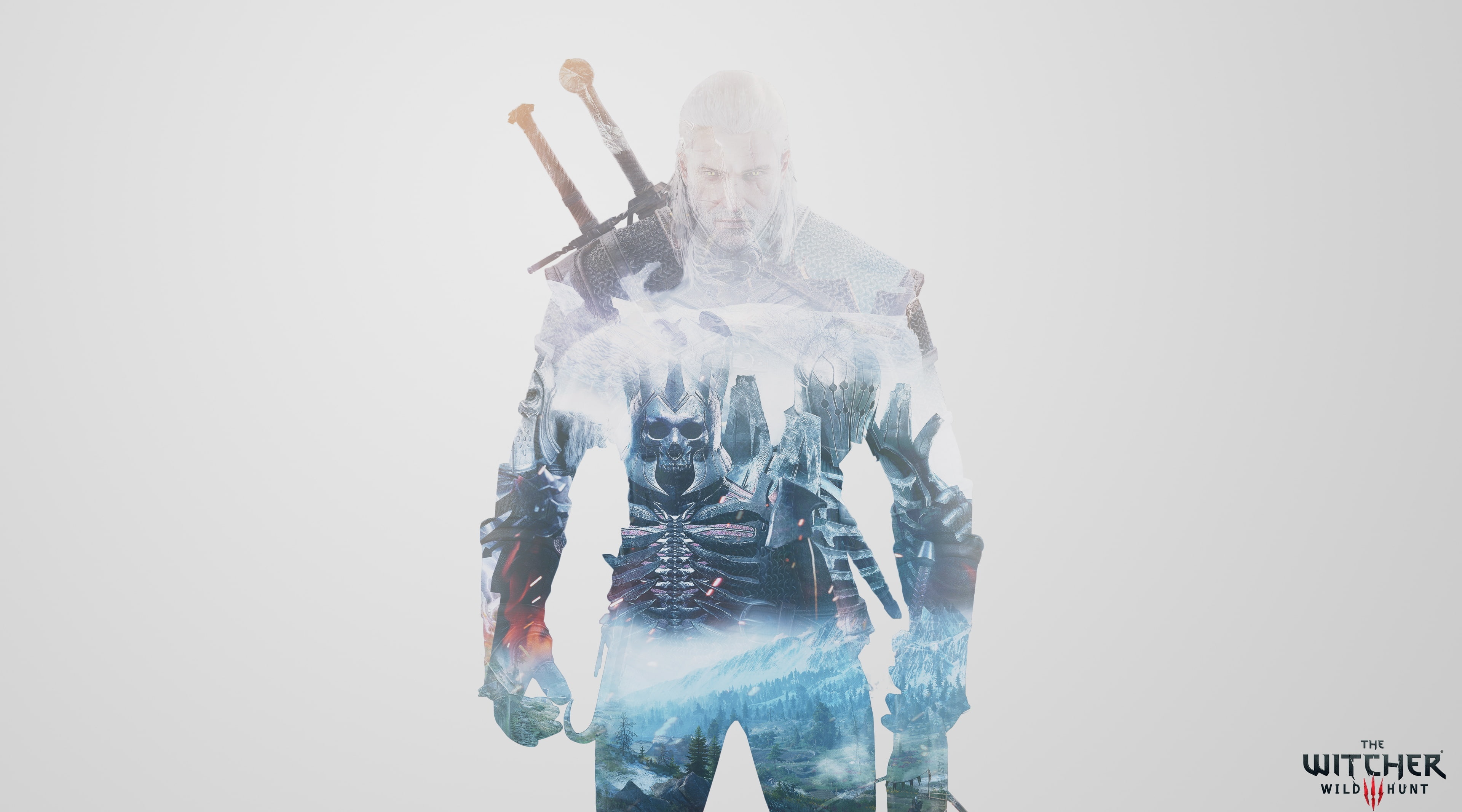 copy space, poster, day, triss merigold, multiple exposure, portrait, geralt riva, holding, hd, white background, wild hunt, hunt, witcher, witcher 3, standing, HD Wallpaper