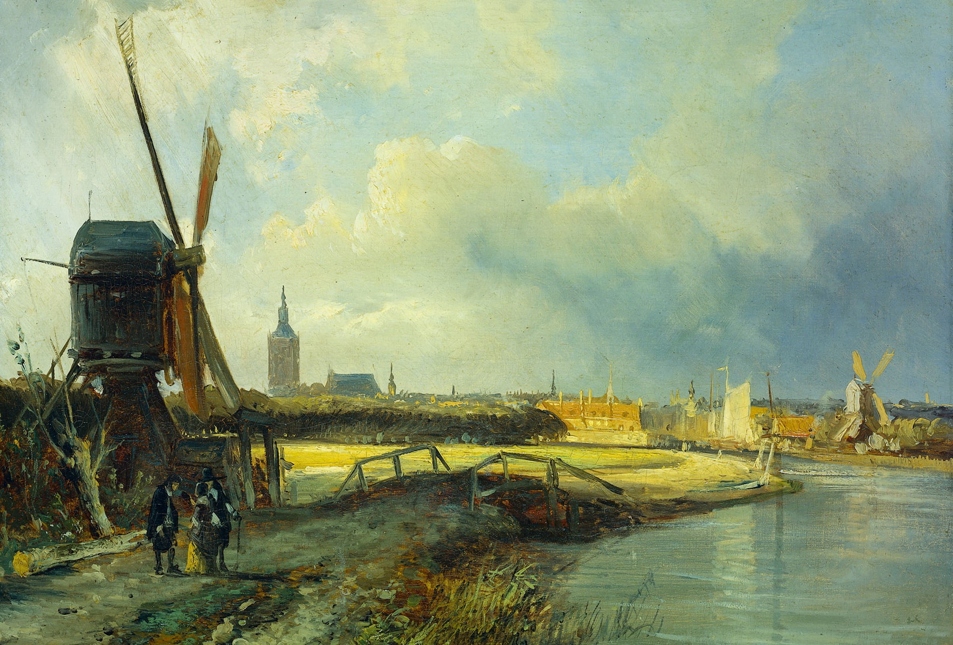 Cornelis Springer, windmill, 1080P, oil, picture, canvas, The view of the Hague, HD Wallpaper