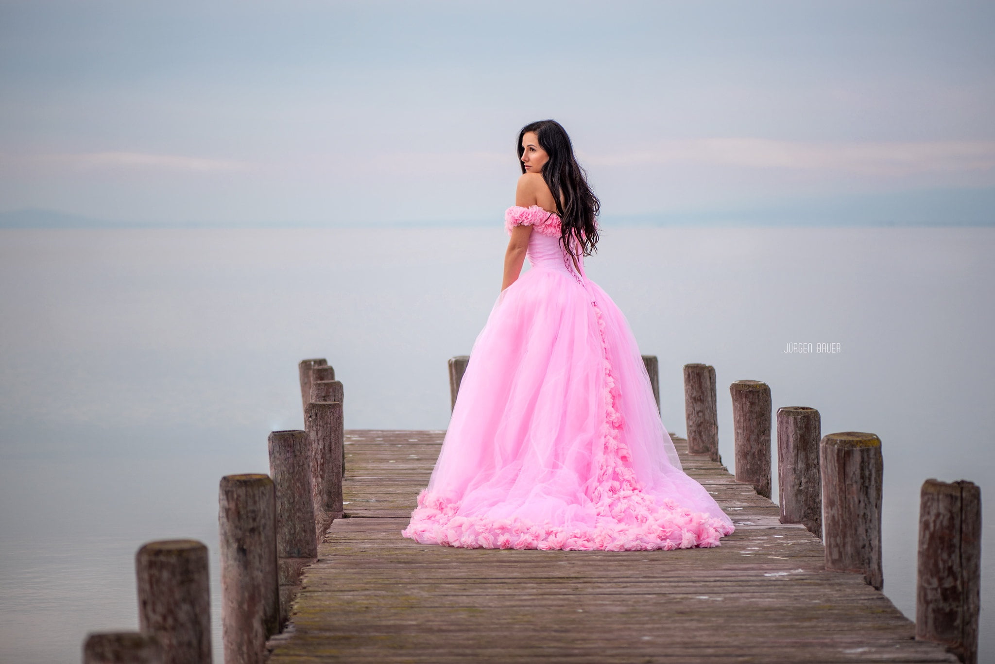 hair, Jurgen Bauer, pier, 1080P, sea, pose, dress, beautiful, girl, HD Wallpaper