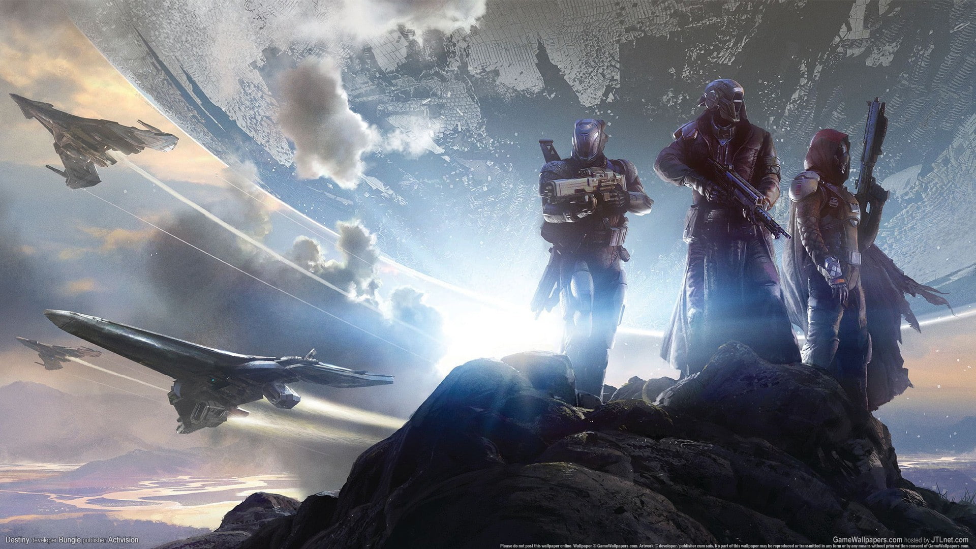 Games, clouds, Destiny, hats, armor, weapons, Bungie, stones, fighters, warriors, planet, mountains, 1080P, spaceships, Activision, HD Wallpaper