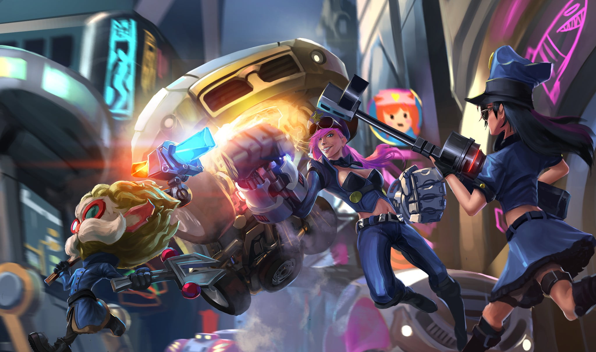 Heimerdinger , Vi (League of Legends), street, land vehicle, city, mode of transportation, leisure activity, transportation, representation, human representation, HD Wallpaper
