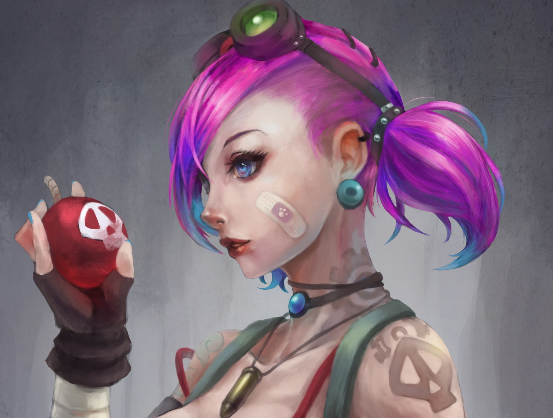 close-up, studio shot, digital, one person, young women, beautiful woman, Vi (League of Legends), League of Legends, young adult, fashion, tattoo, HD Wallpaper