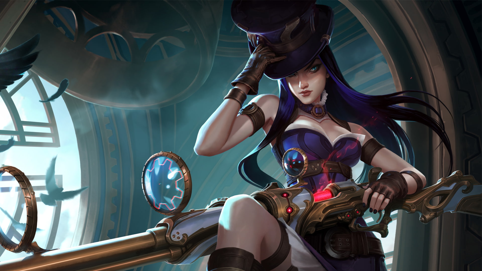 PC gaming, hat, Caitlyn (League of Legends), fantasy girl, blue hair, 1080P, League of Legends, HD Wallpaper