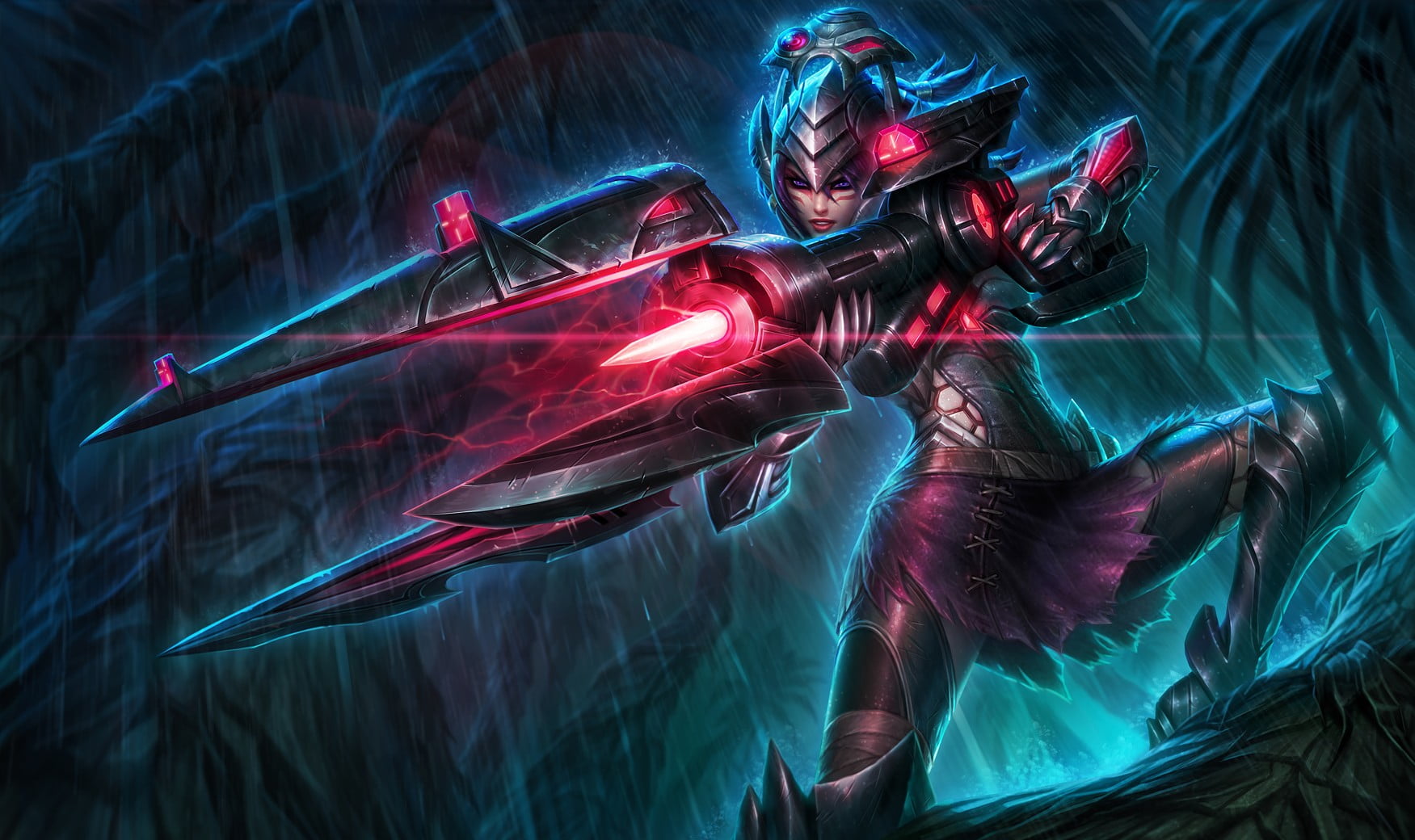 laser, indoors, cyborg, creativity, illuminated, skirt, motion, digital composite, red, abstract, League of Legends, technology, women, armor, 720P, Caitlyn, HD Wallpaper