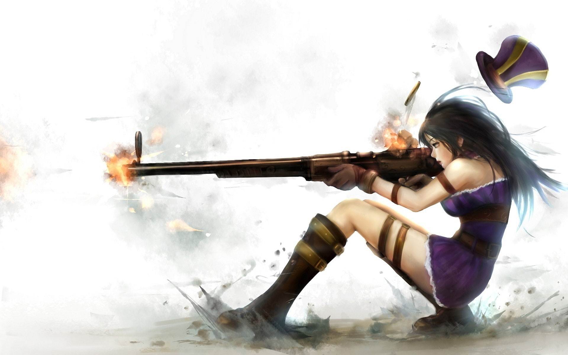 League of Legends, anime, Caitlyn (League of Legends), sniper rifle, simple background, girls with guns, video game characters, 1080P, anime girls, HD Wallpaper