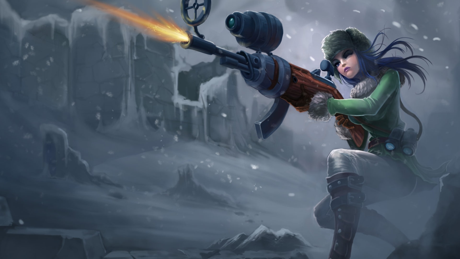 Winter, snow, caitlyn, hd, illustrations, nature, girls, league, legends, sheriff, piltover, 1080P, guns, x, art, HD Wallpaper