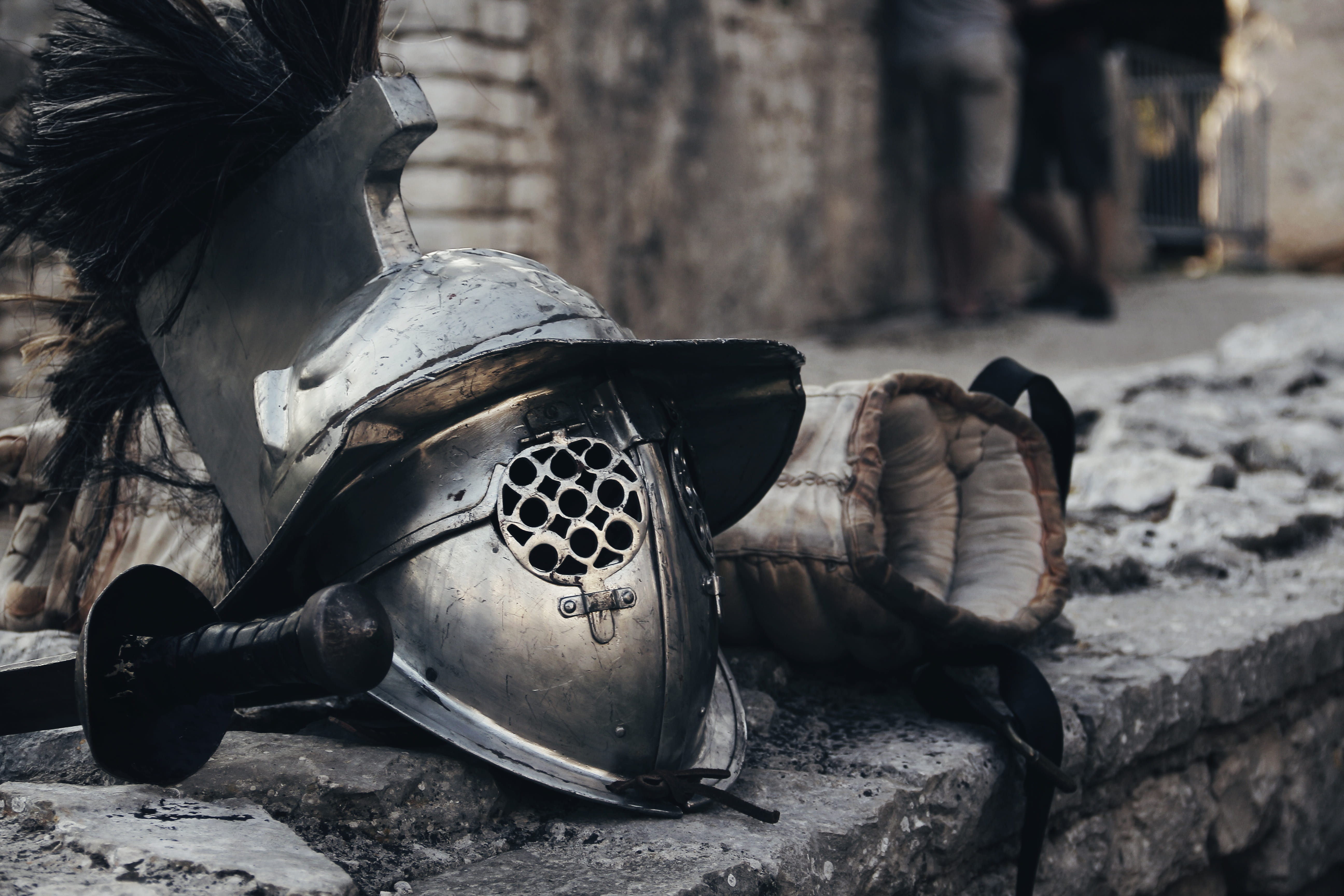 shoe, sunlight, sword, city, helmet, gear, close-up, army, soldier, silver, beside, old, street, arts culture and entertainment, outdoors, fight, day, shield, HD Wallpaper