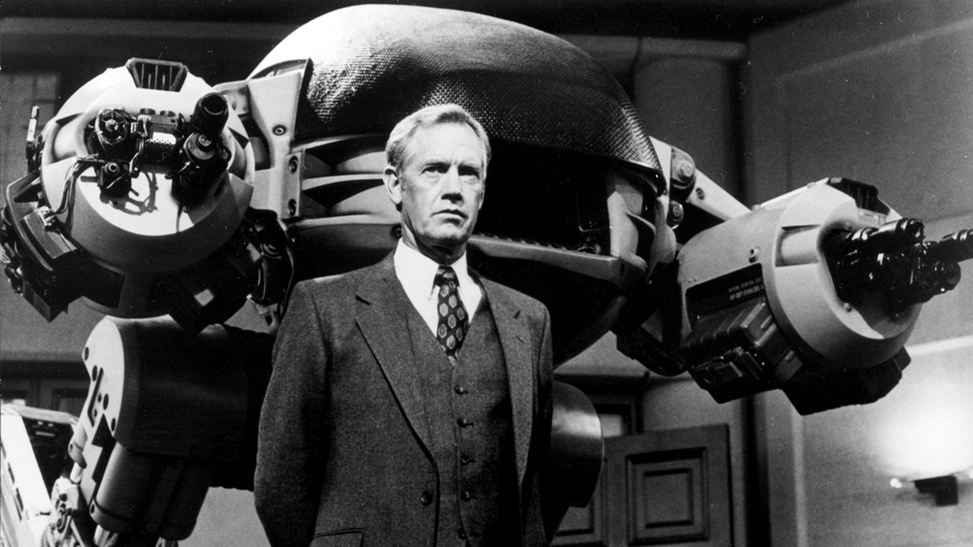 monochrome, men, movies, looking at camera, robot, mode of transportation, transportation, business, males, well-dressed, front view, suit, adult, occupation, HD Wallpaper