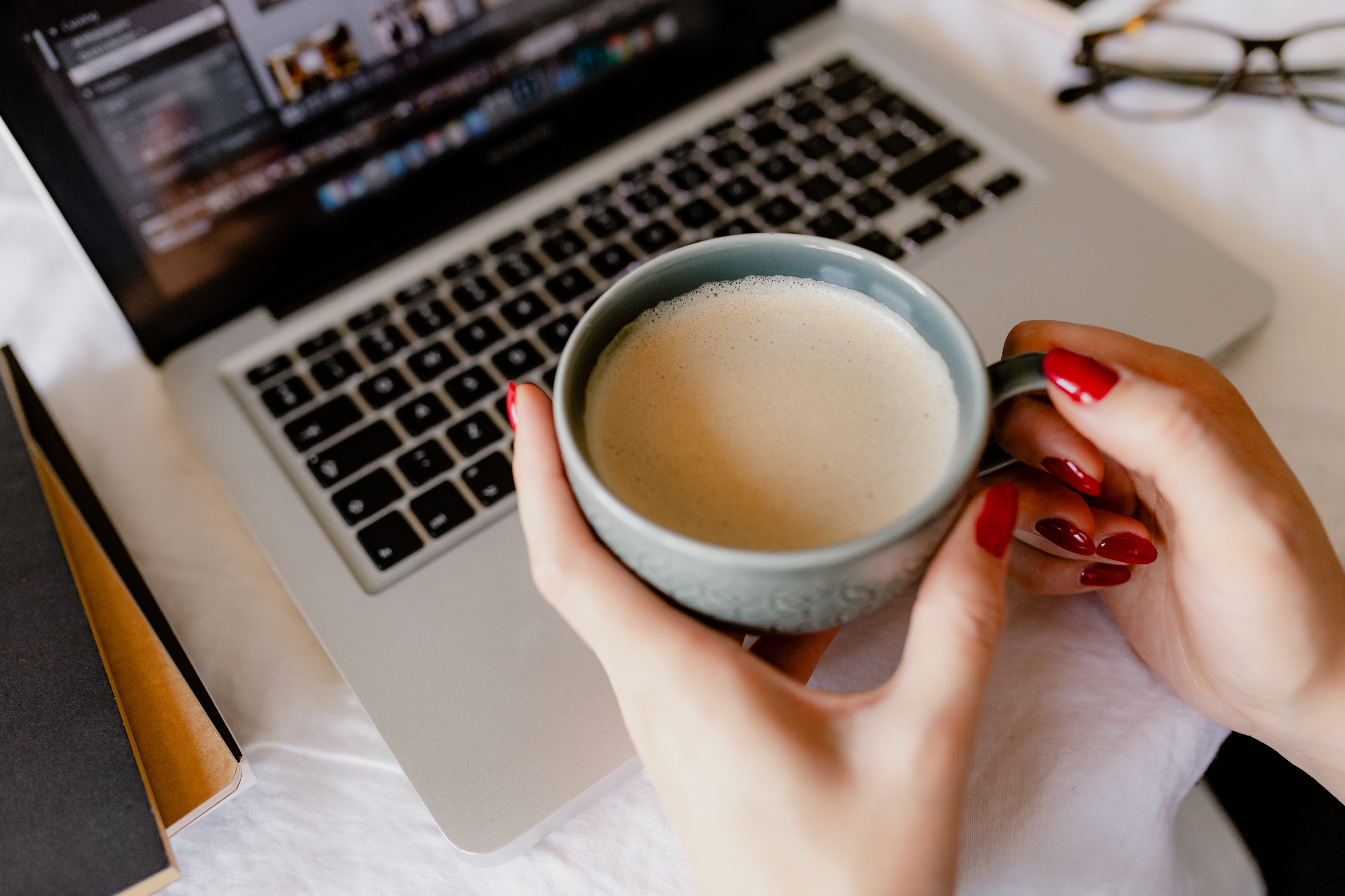 nail, cup, technology, wireless technology, latte, desk, home office, food and drink, work, cappucino, coffee, adult, human hand, refreshment, office, macbook, HD Wallpaper
