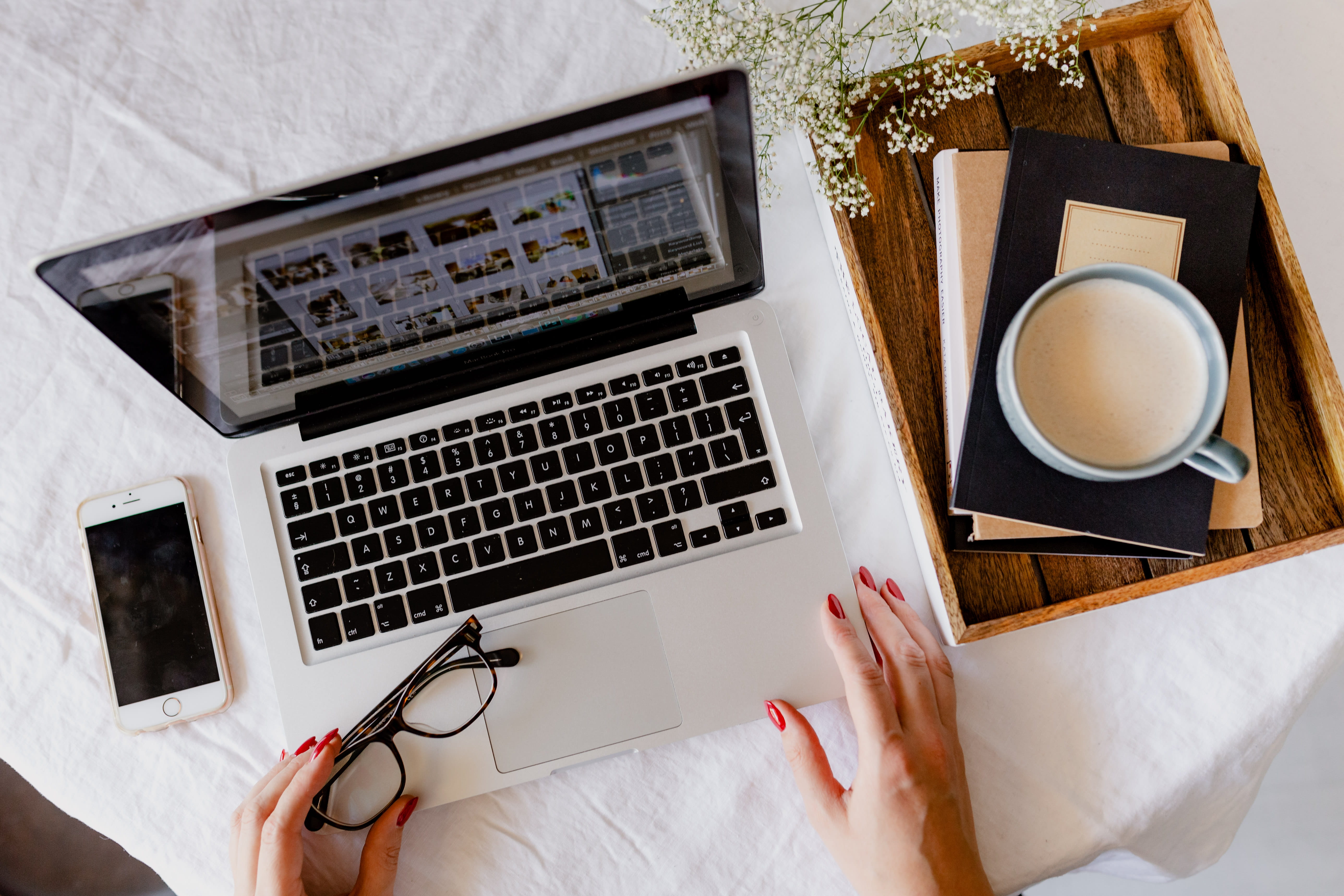 woman, macbook, keyboard, home office, works, indoors, laptop, hand, office, workplace, cappucino, drink, coffee, late, study, food and drink, 5K, connection, HD Wallpaper