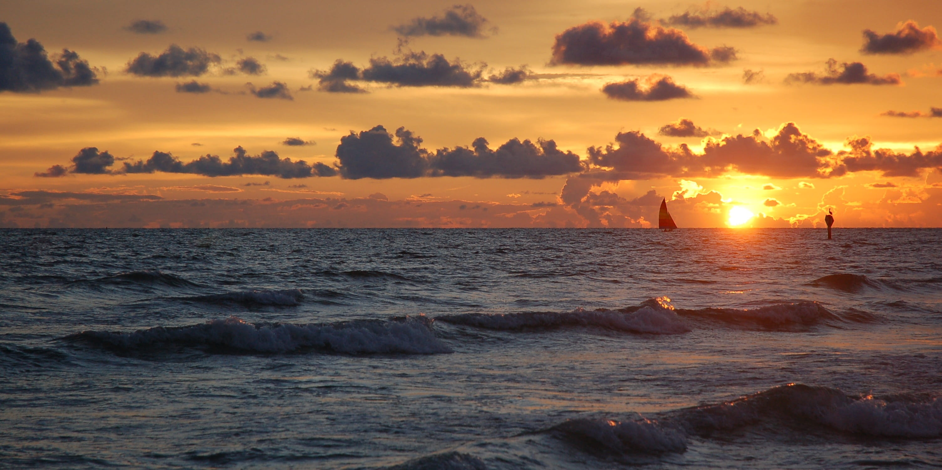 sea, sun, 2K, florida, land, hour, water, siesta key, orange color, beauty in nature, photo, no people, wave, horizon over water, sunset, nature, tranquility, HD Wallpaper