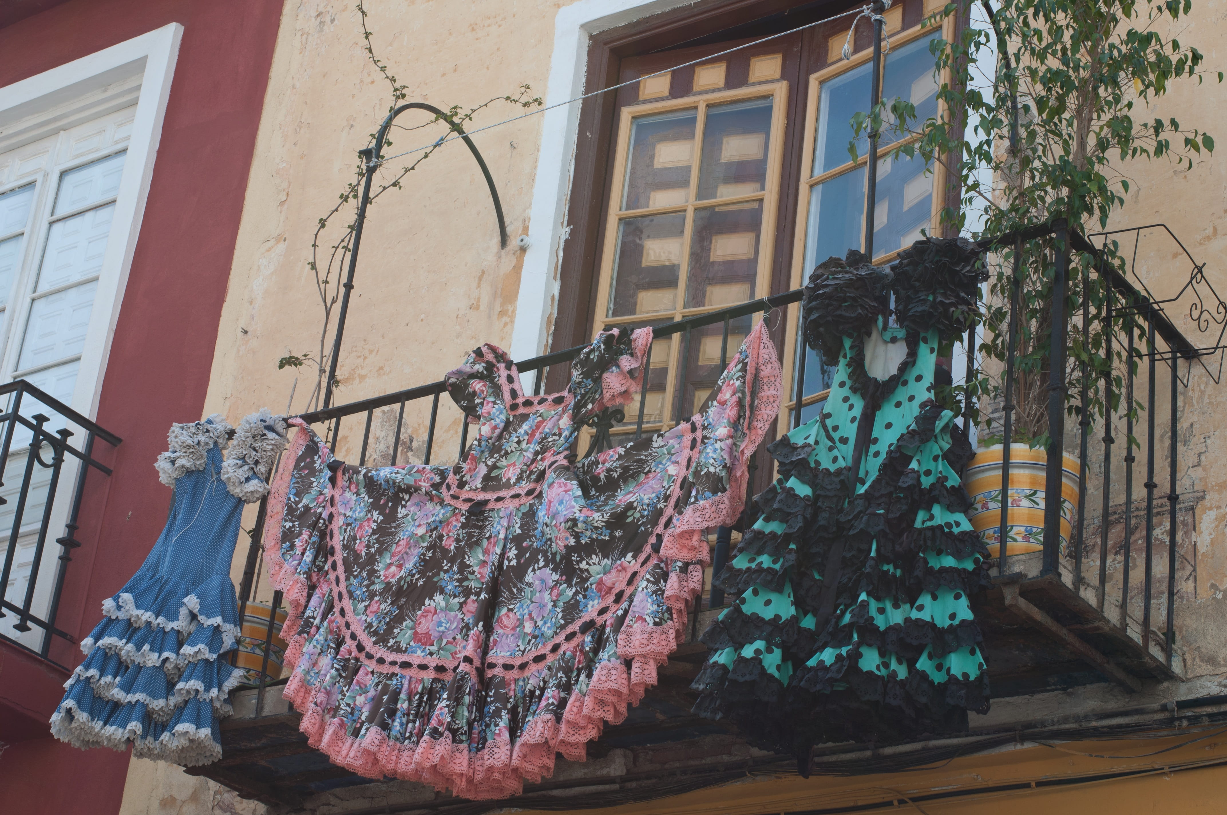 textile, floral pattern, traditional, flamenco, clothing, laundry, hanging, dress, spain, no people, balcony, drying, low angle view, built structure, plant, HD Wallpaper