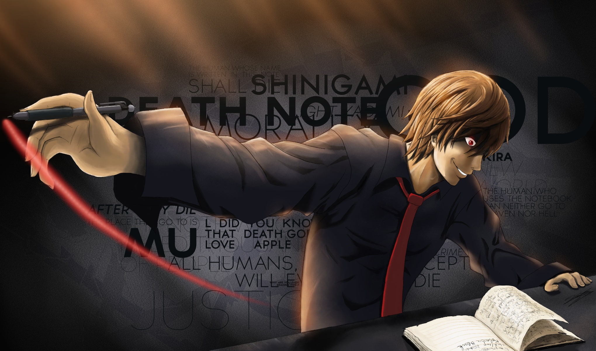 eyes, death, yagami, shirt, note, brown, tie, light, red, hair, 1080P, HD Wallpaper