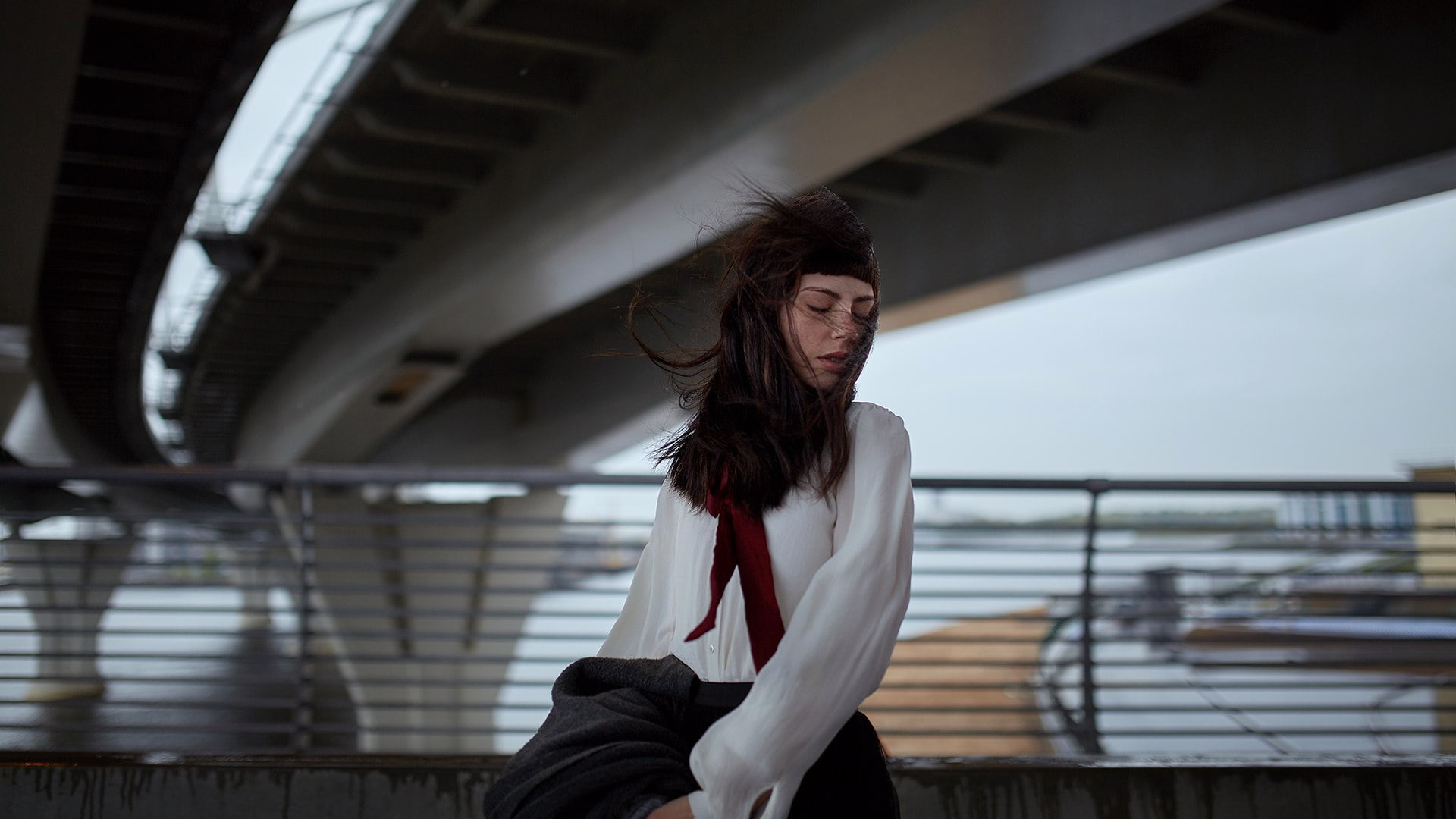 white clothing, leisure activity, moles, Russian Model, beautiful woman, real people, young women, hair, photography, 1080P, red tie, cityscape, casual clothing, HD Wallpaper