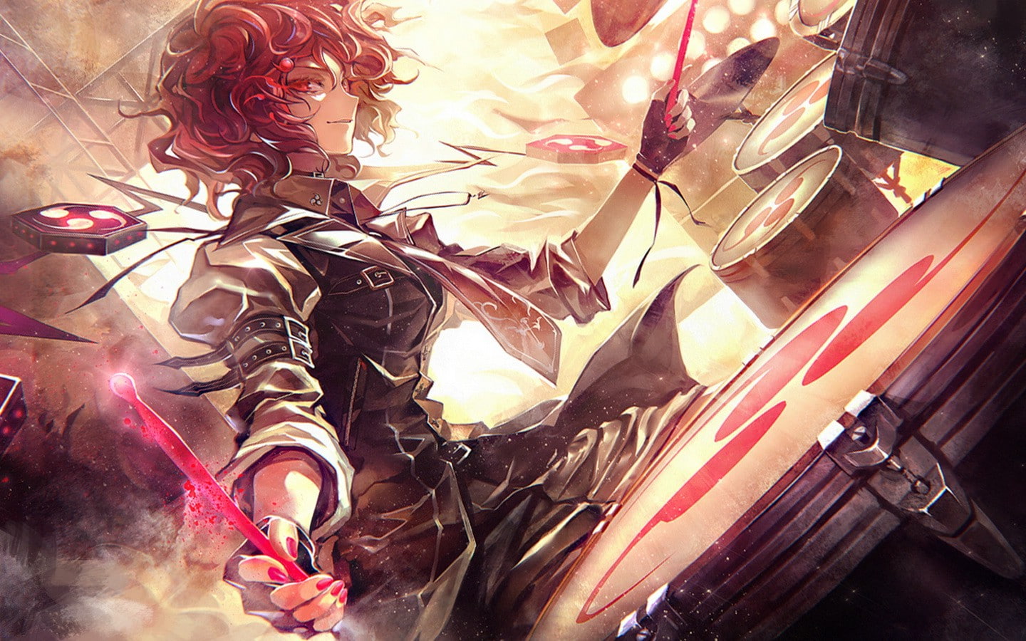 close-up, Tie, day, Horikawa Raiko, gloves, sunlight, decoration, redhead, high angle view, Red Eyes, carnival - celebration event, 720P, creativity, touhou, HD Wallpaper