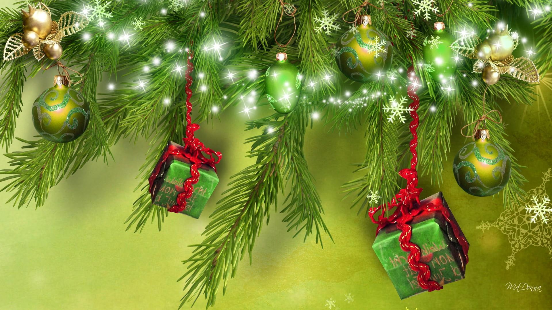 green, celebrate, packages, tree, christmas, 1080P, decorations, new year, illustration, snowflakes, balls, gifts, feliz navi, lights, HD Wallpaper