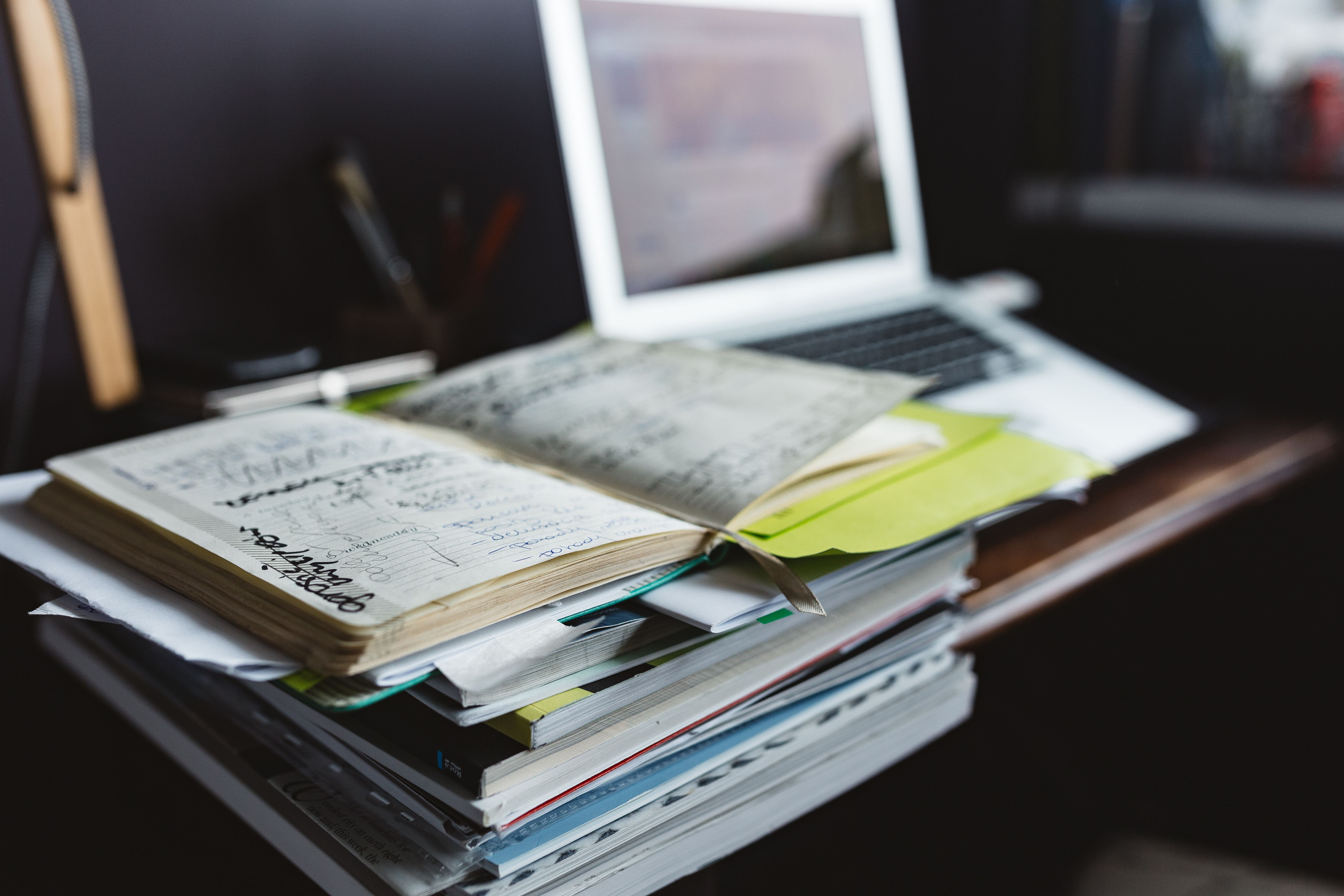 laptop, 5K, workplace, book, publication, stack, furniture, education, table, macbook, paper, workspace, still life, business, walls, Contemporary, office, HD Wallpaper
