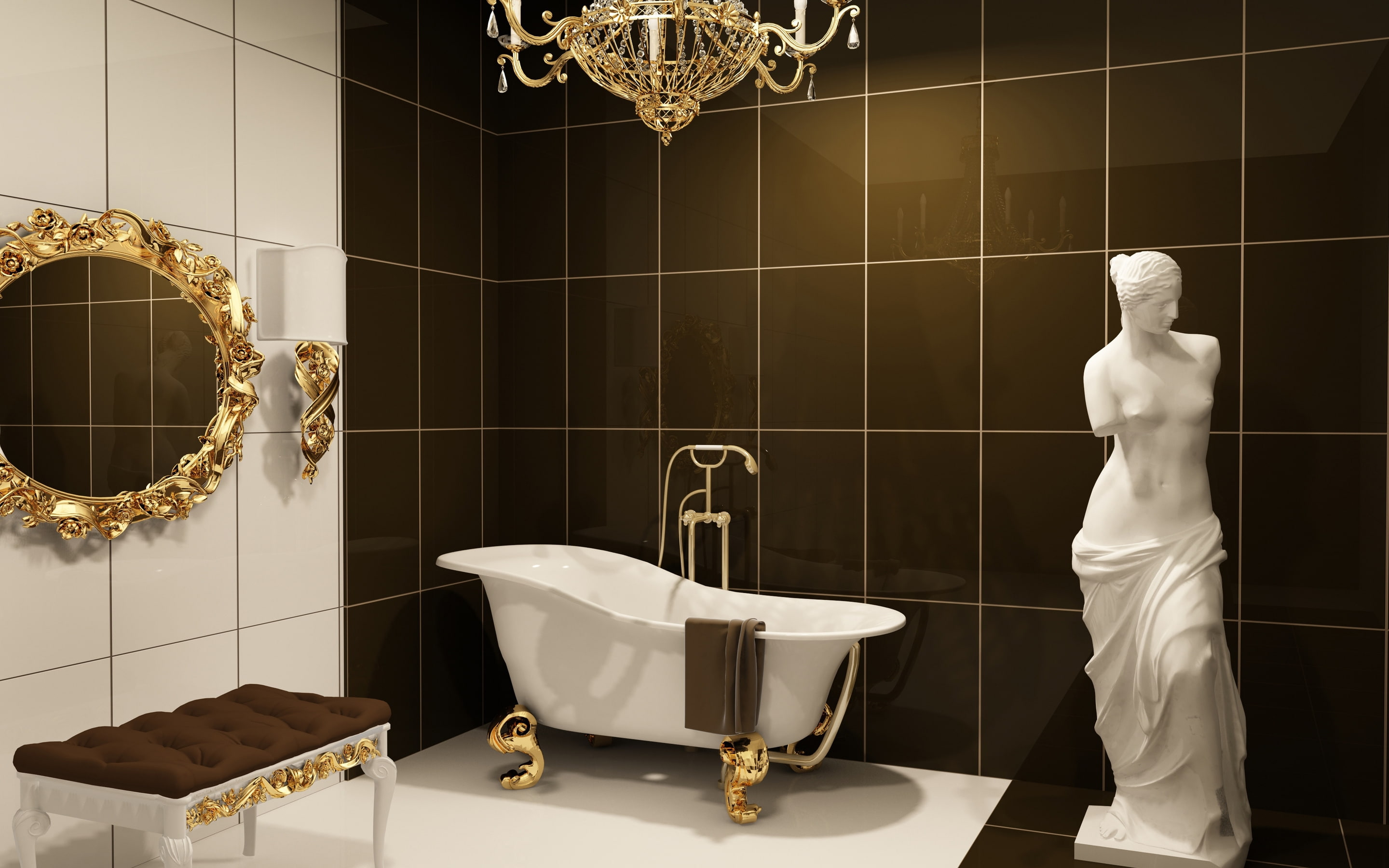 oblong, design, statue, mirror, classic, milo, scrolled, venus, jetted, bathroom, plumbing, furniture, bath, white, gold, color, 2K, tub, HD Wallpaper